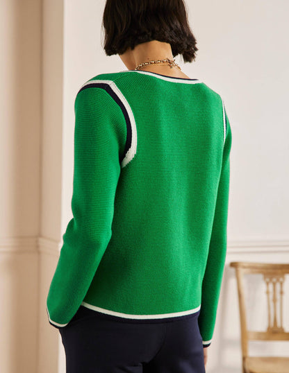 Gestreifte Strickjacke mit Borte-Schottengrün