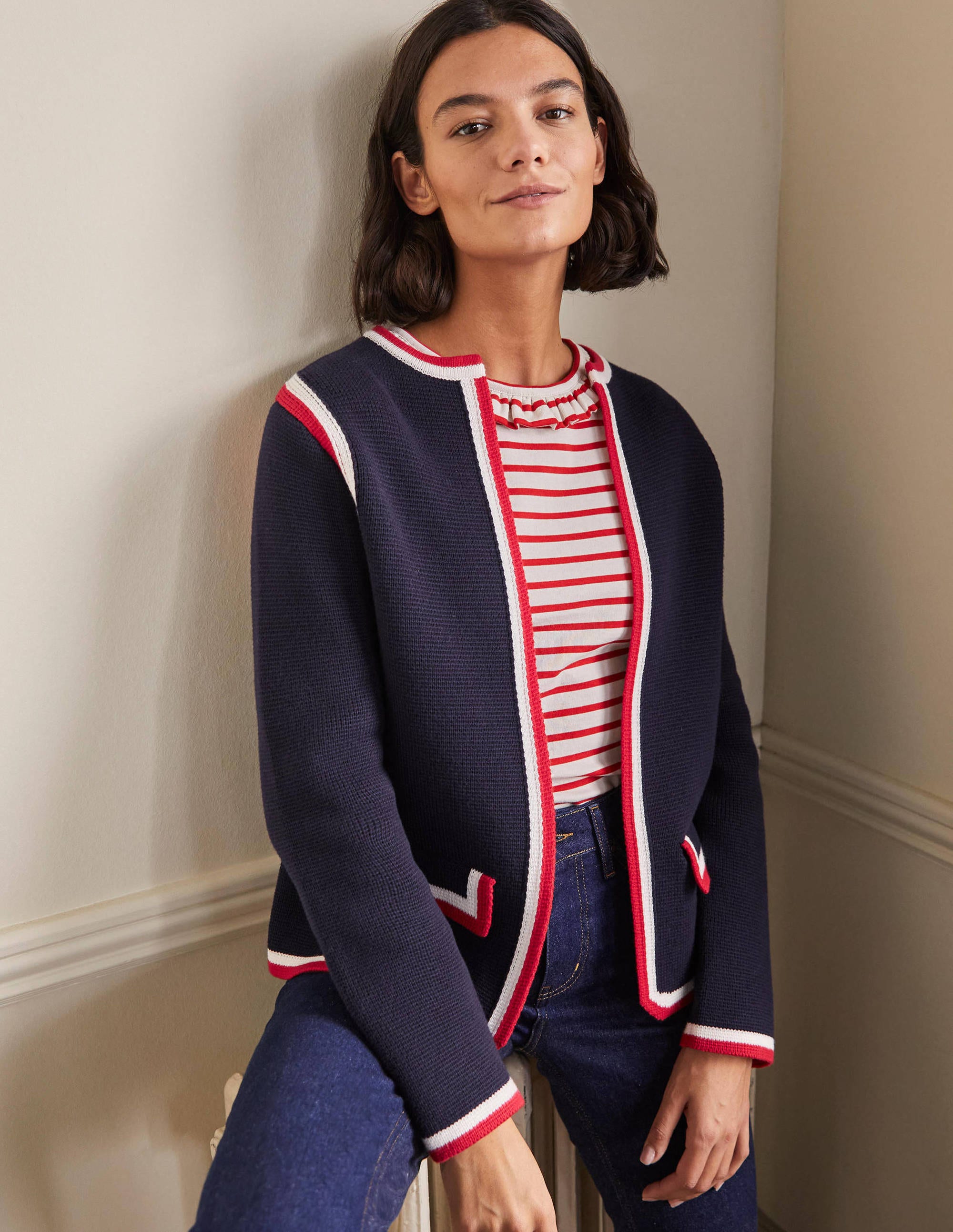 Gestreifte Strickjacke mit Borte-Marineblau - Image 1