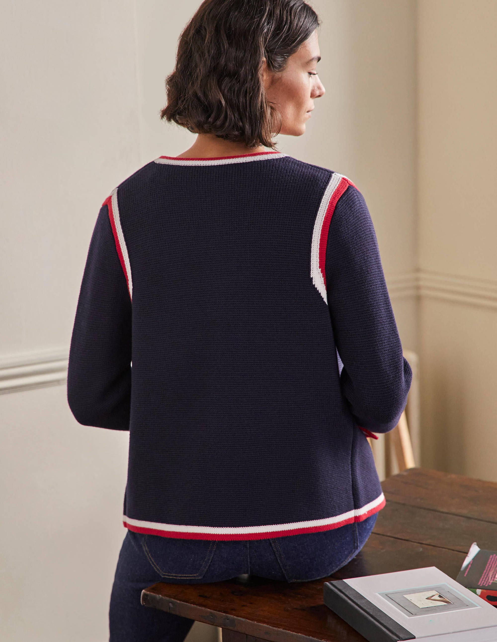 Gestreifte Strickjacke mit Borte-Marineblau - Image 3