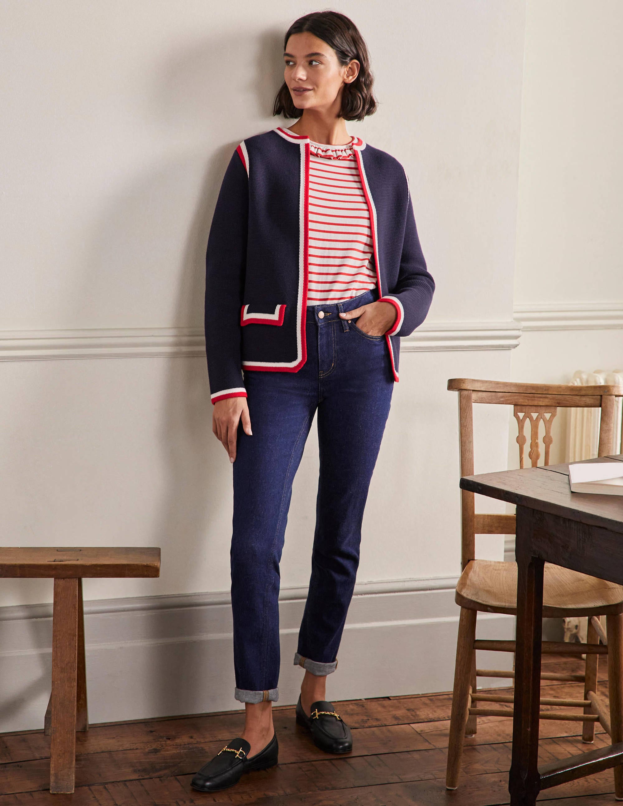 Gestreifte Strickjacke mit Borte-Marineblau - Image 4
