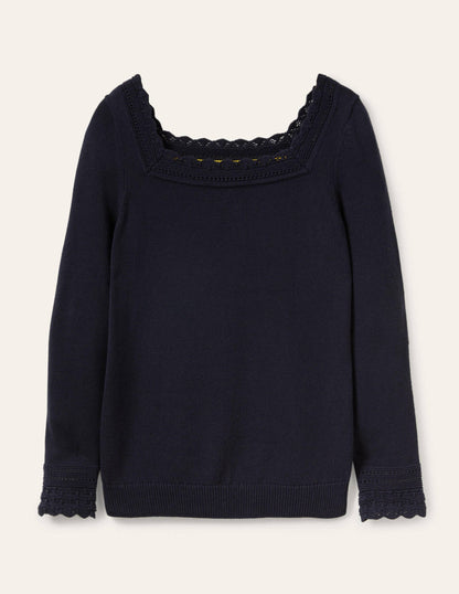 Pullover mit gehäkeltem Muschelsaum-Marineblau-6