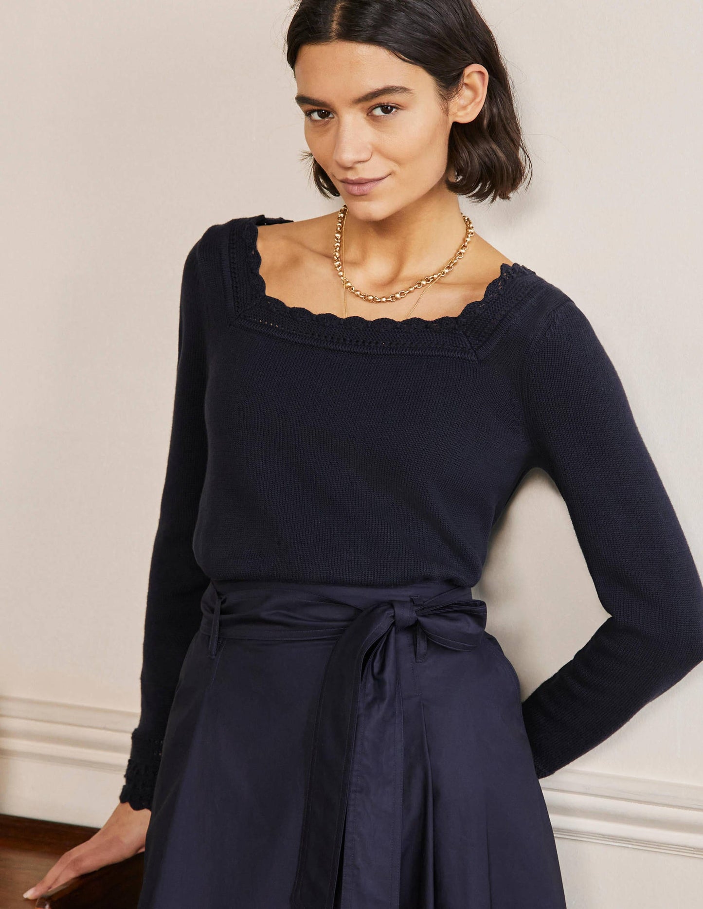 Pullover mit gehäkeltem Muschelsaum-Marineblau