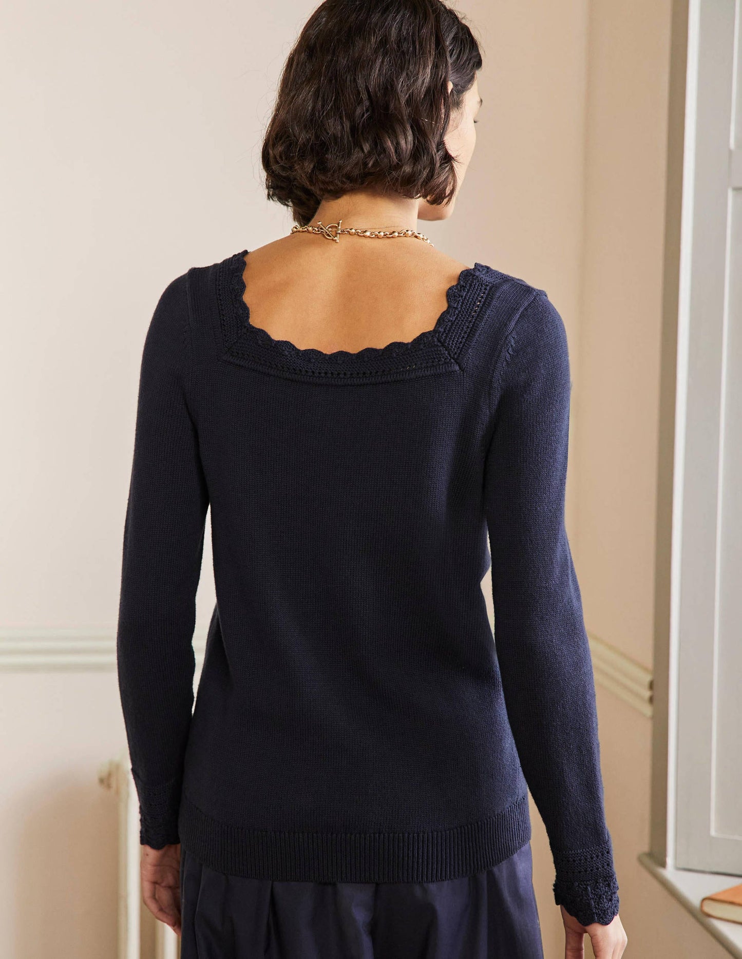 Pullover mit gehäkeltem Muschelsaum-Marineblau