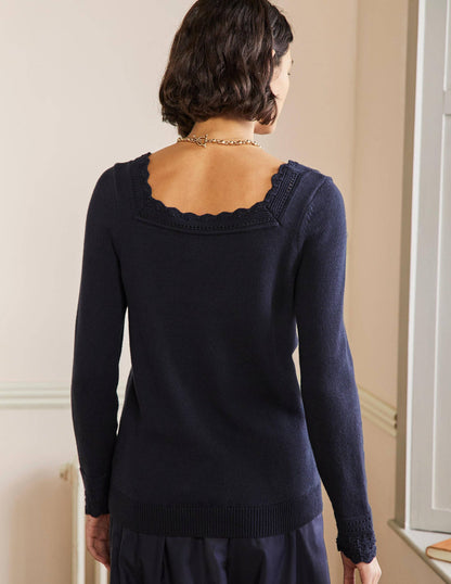 Pullover mit gehäkeltem Muschelsaum-Marineblau-3