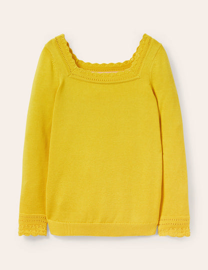 Pullover mit gehäkeltem Muschelsaum-Rauchgelb