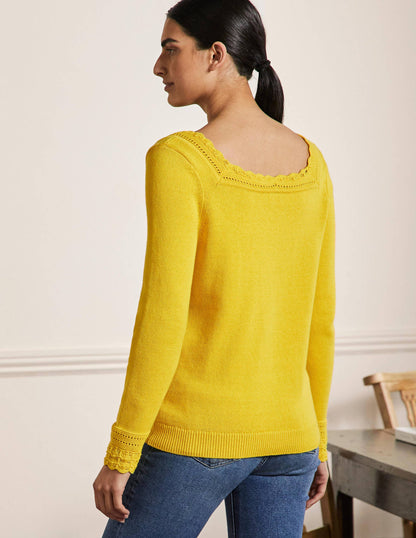 Pullover mit gehäkeltem Muschelsaum-Rauchgelb