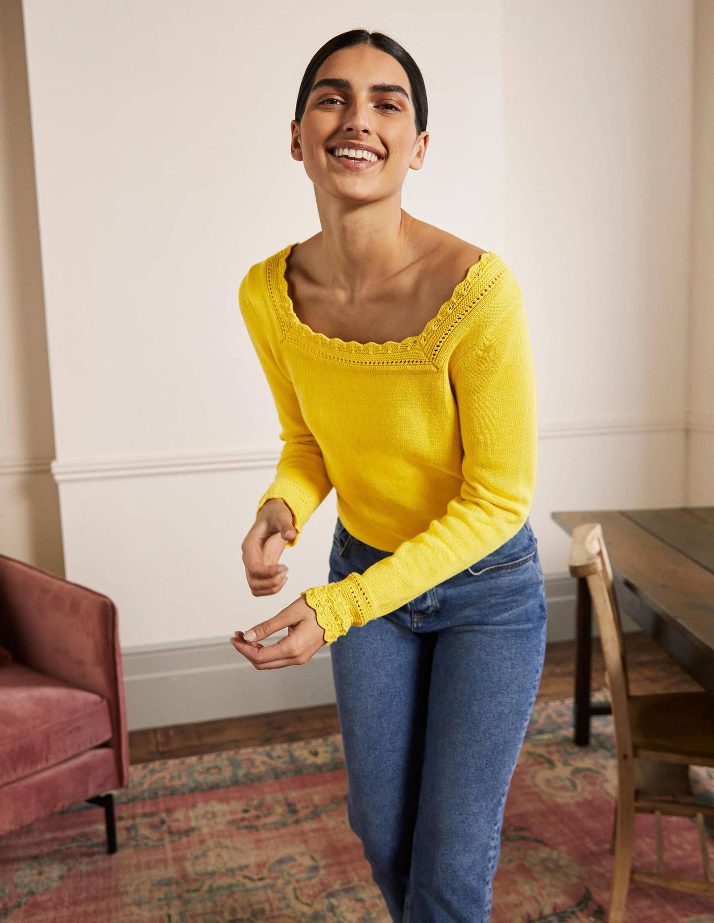 Pullover mit gehäkeltem Muschelsaum-Rauchgelb