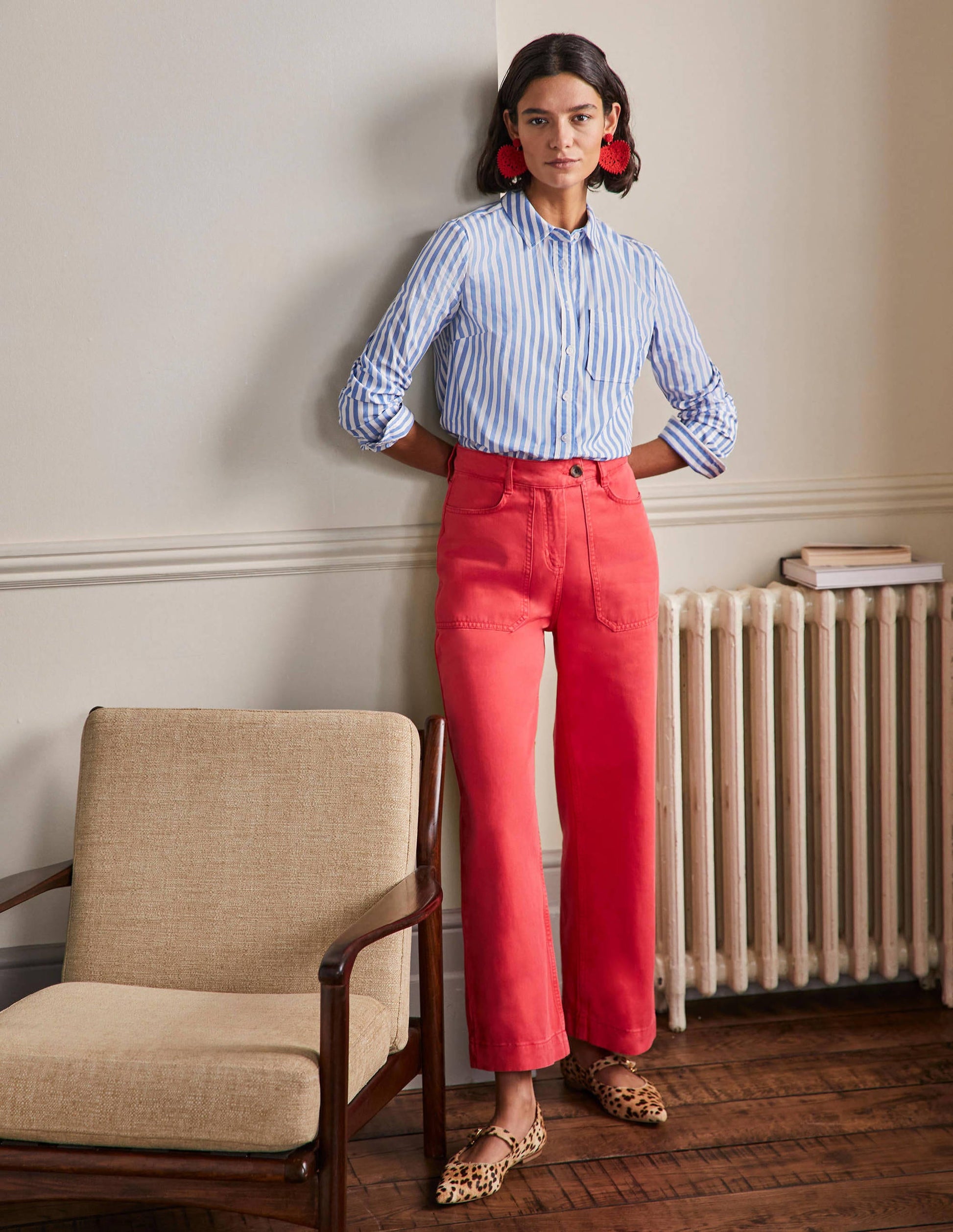 Wide Leg Cotton Twill Trousers-Red-1