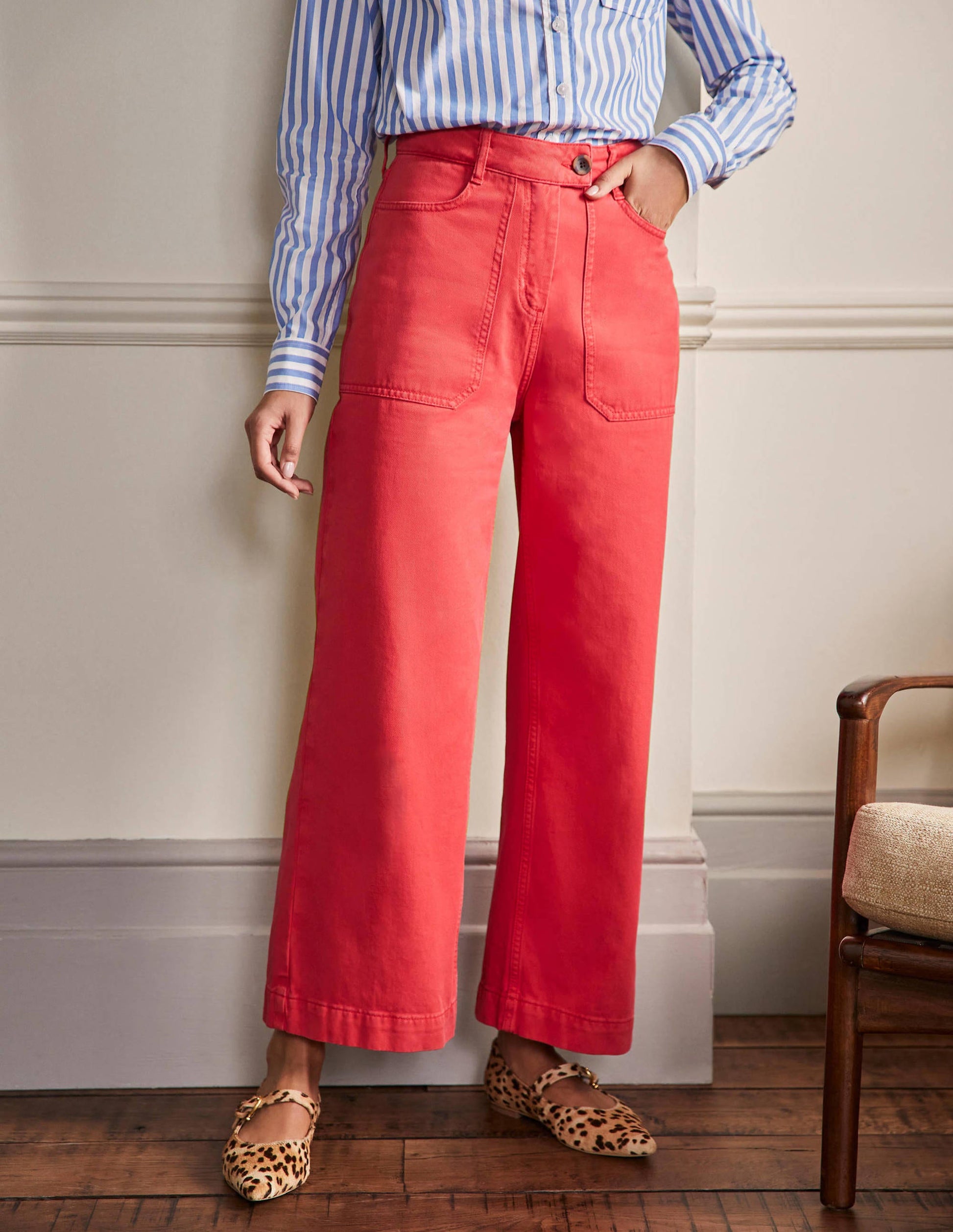Wide Leg Cotton Twill Trousers-Red-4