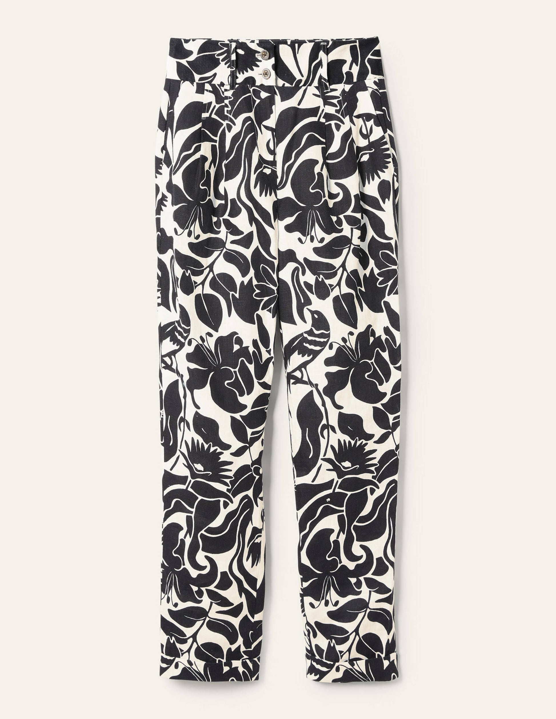 Turn Up Linen Trousers-Black, Oriental Bird-5