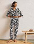 Turn Up Linen Trousers-Black, Oriental Bird