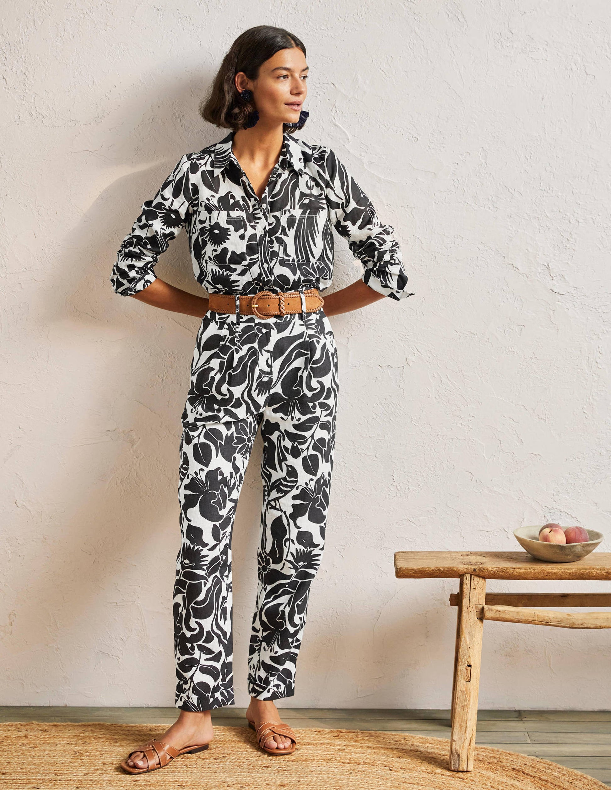 Turn Up Linen Trousers-Black, Oriental Bird-1