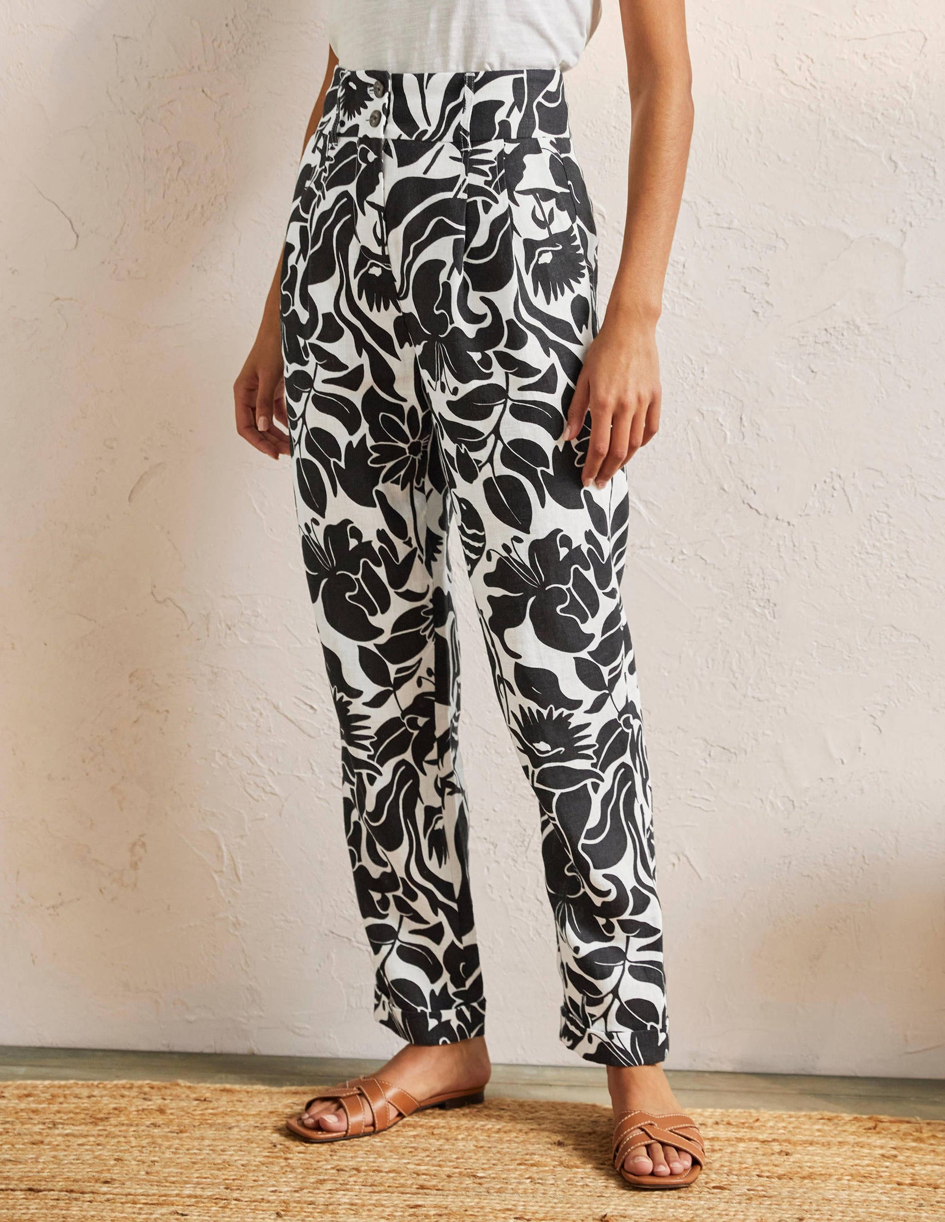 Turn Up Linen Trousers-Black, Oriental Bird-4