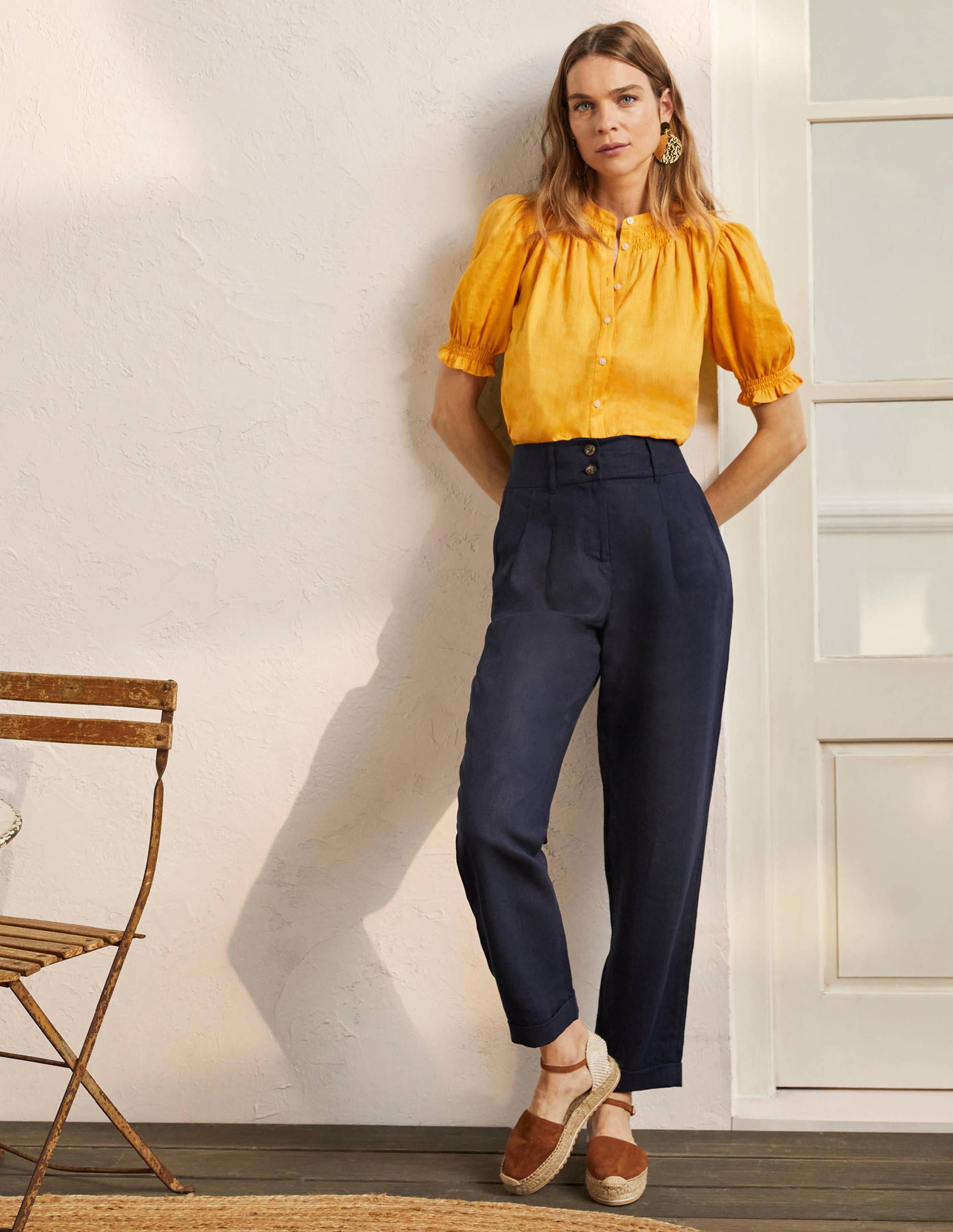 Leinenhose mit umgeschlagenen Bündchen-Marineblau - Image 1