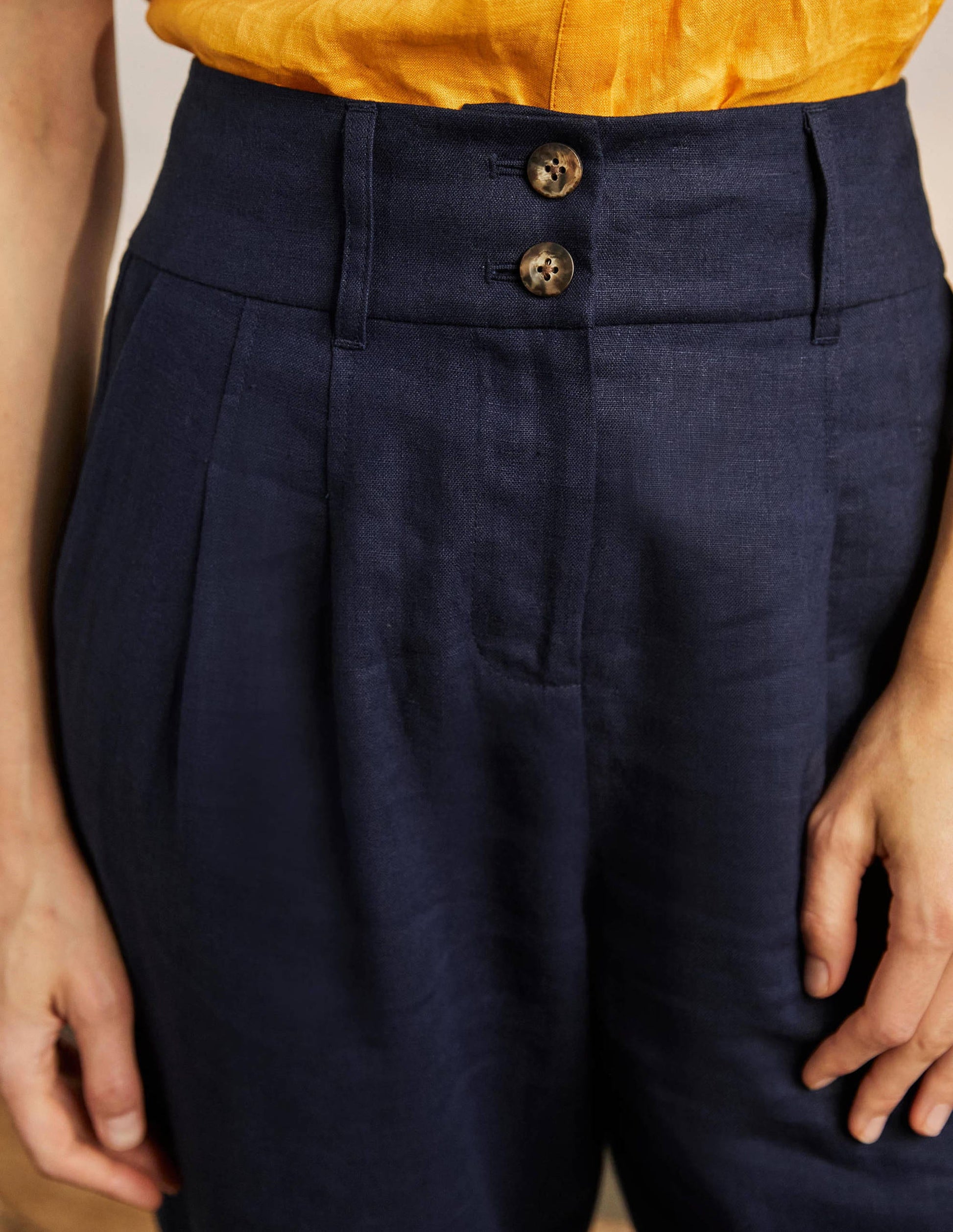 Leinenhose mit umgeschlagenen Bündchen-Marineblau-2