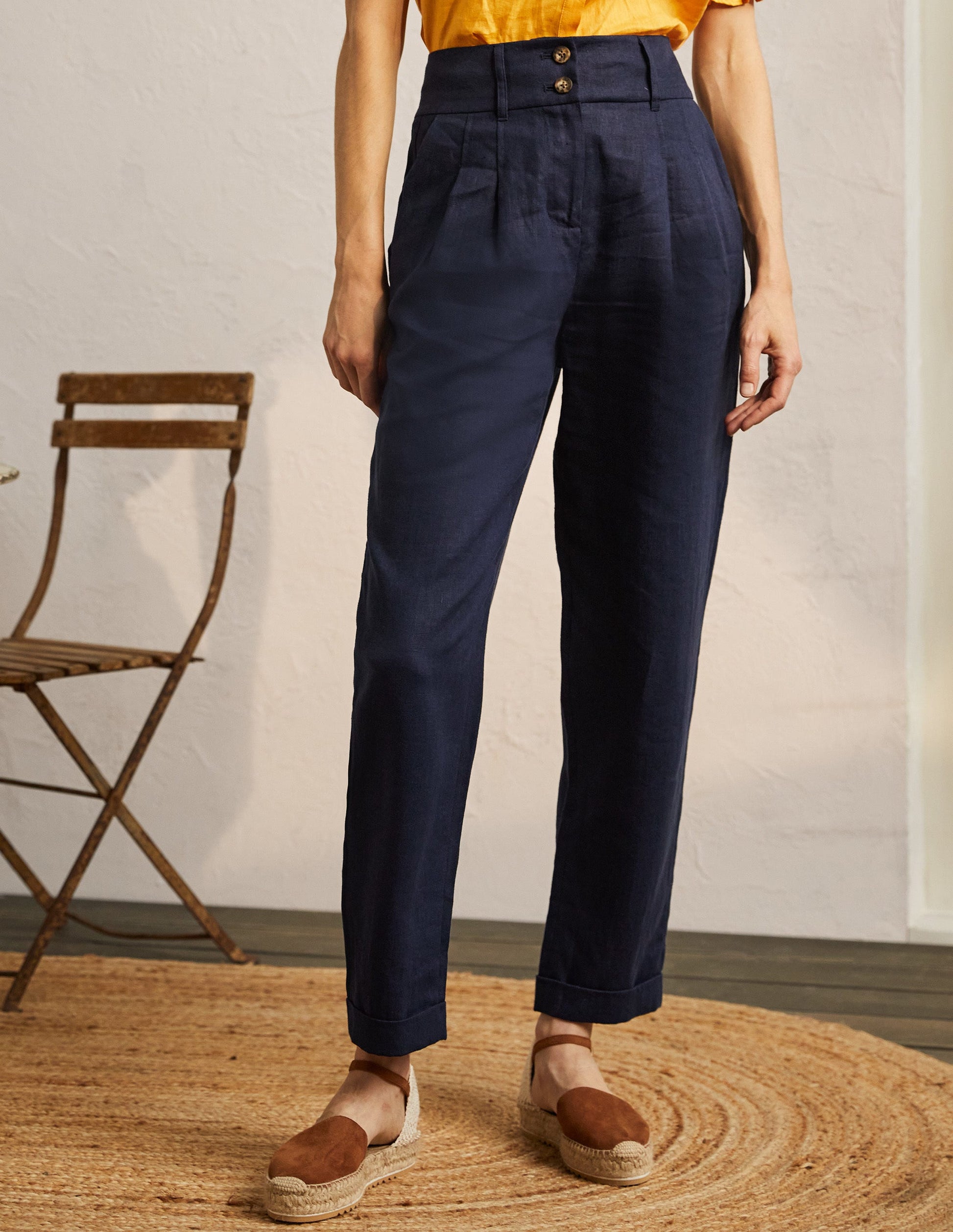 Leinenhose mit umgeschlagenen Bündchen-Marineblau-4