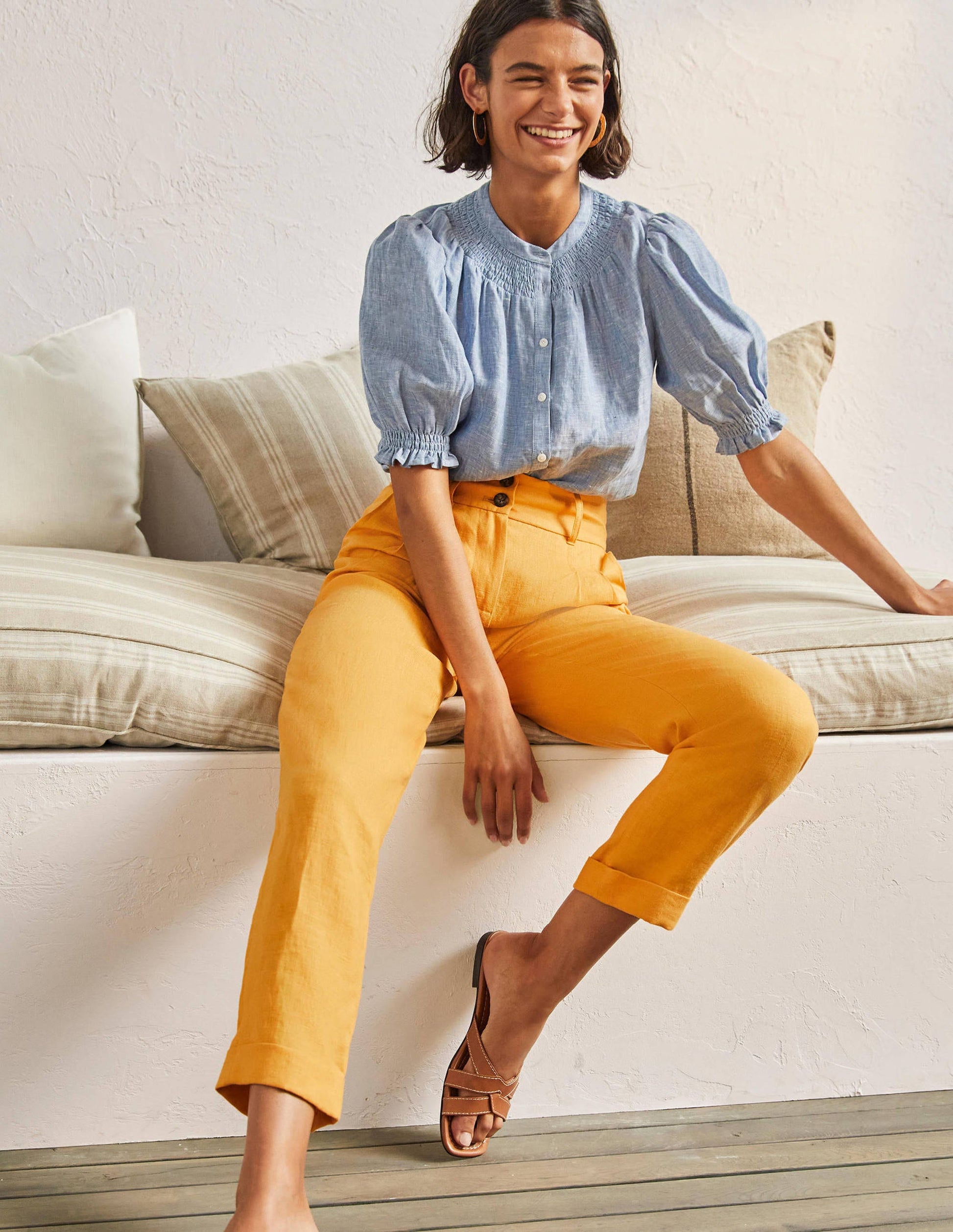Turn Up Linen Trousers-Zinnia Yellow-1