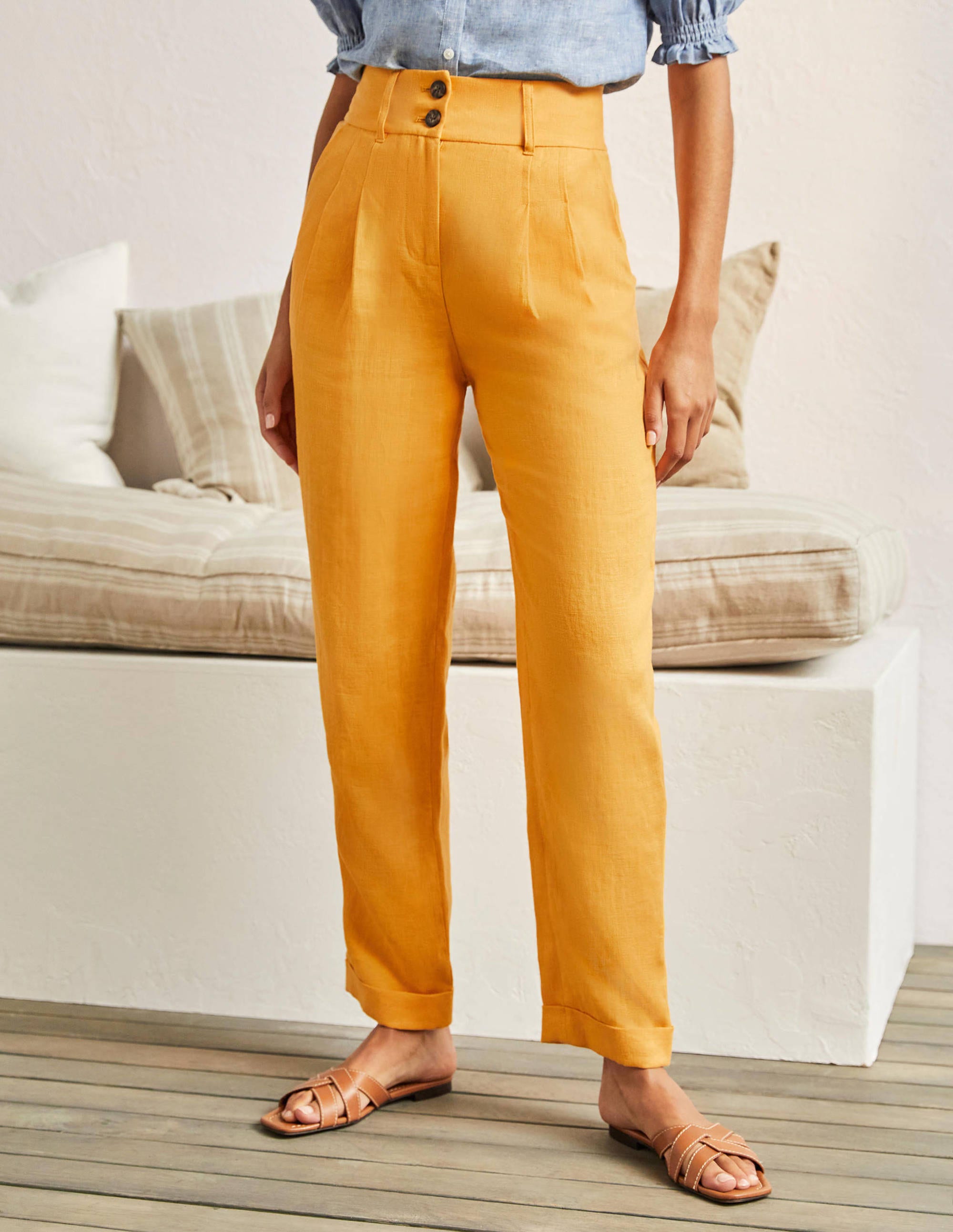 Turn Up Linen Trousers-Zinnia Yellow - Image 4