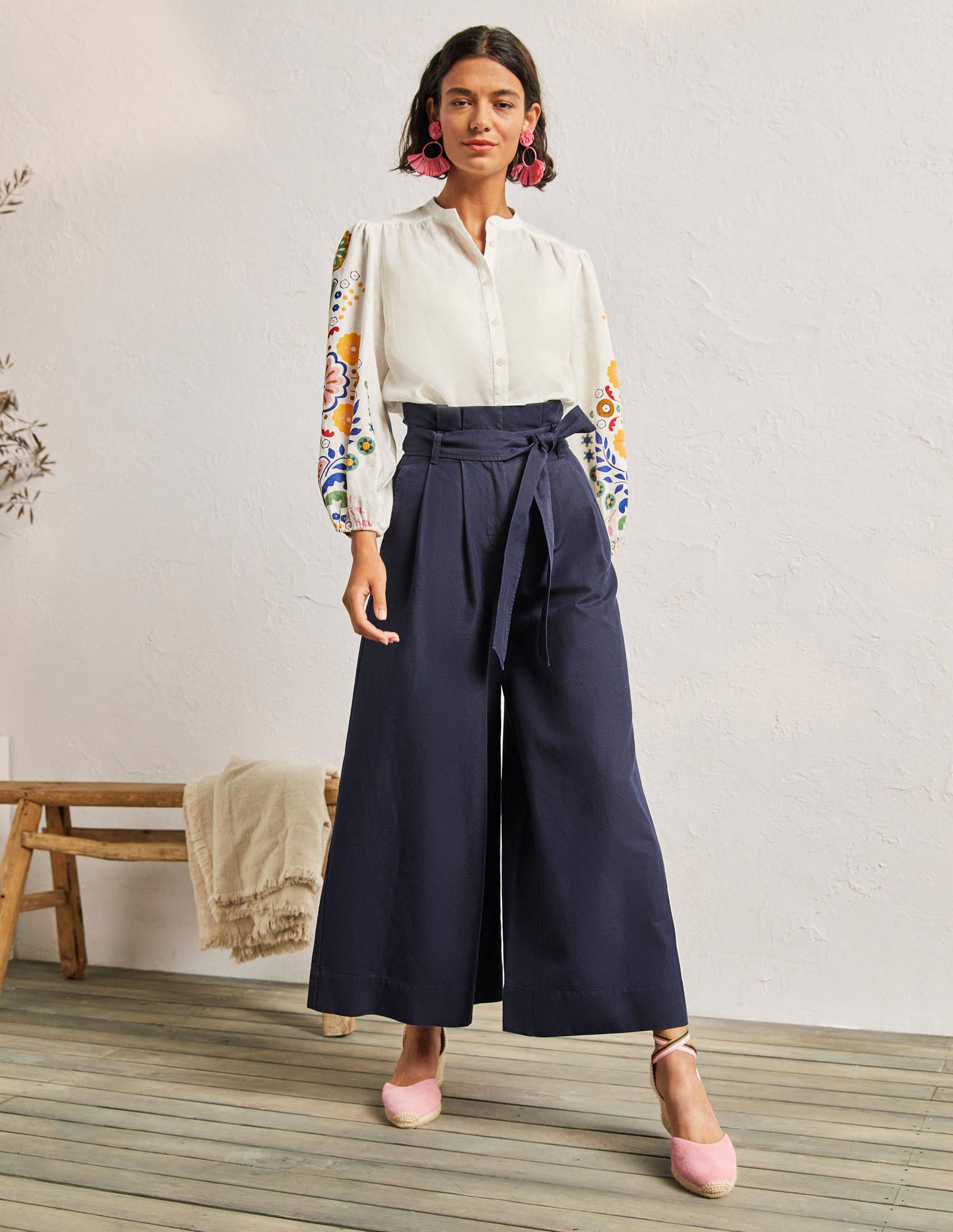 Culotte aus einer Leinenmischung mit weitem Bein-Marineblau - Image 1