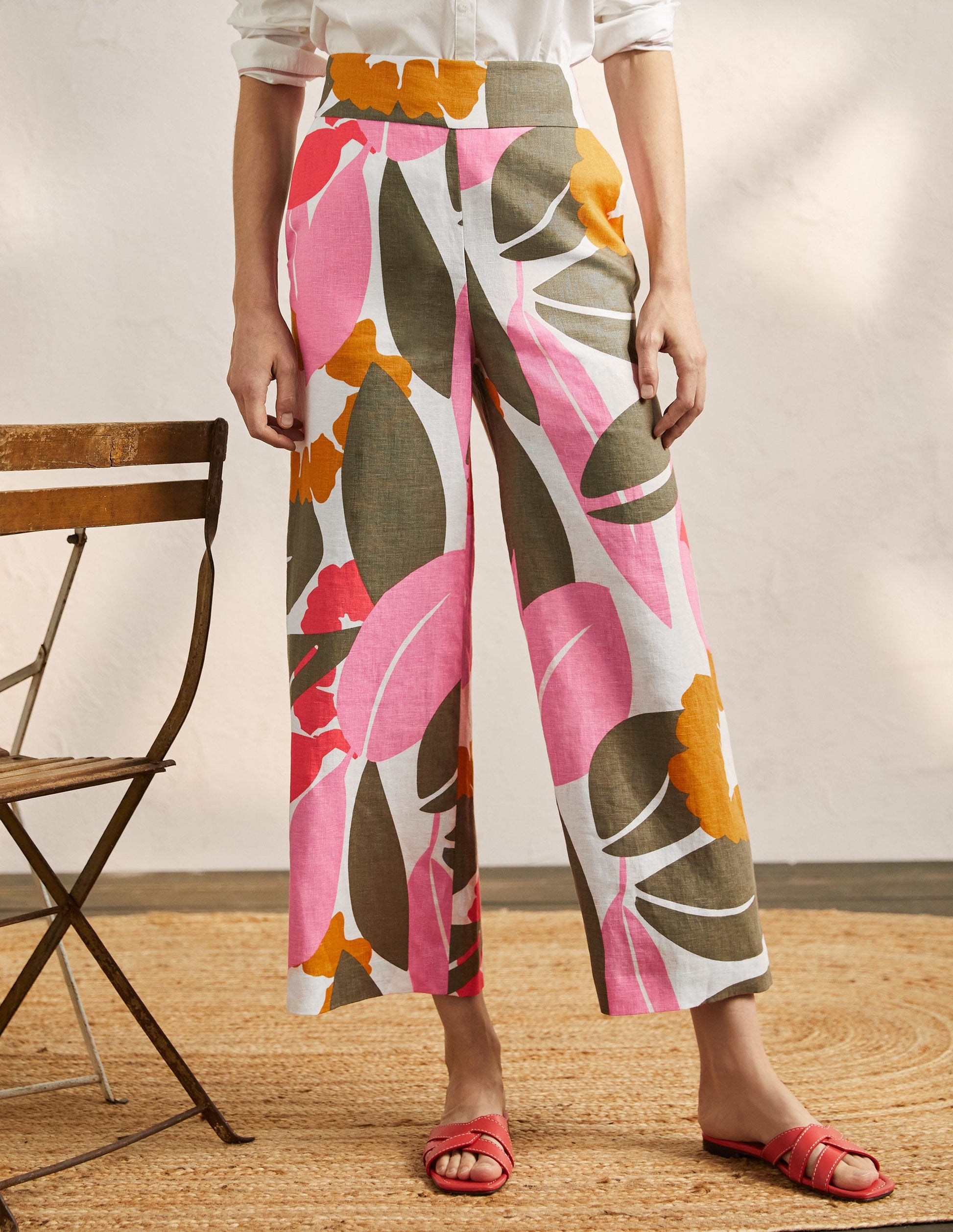 Gemusterte Leinenhose-Naturweiß, Abstrakte Blüten-4