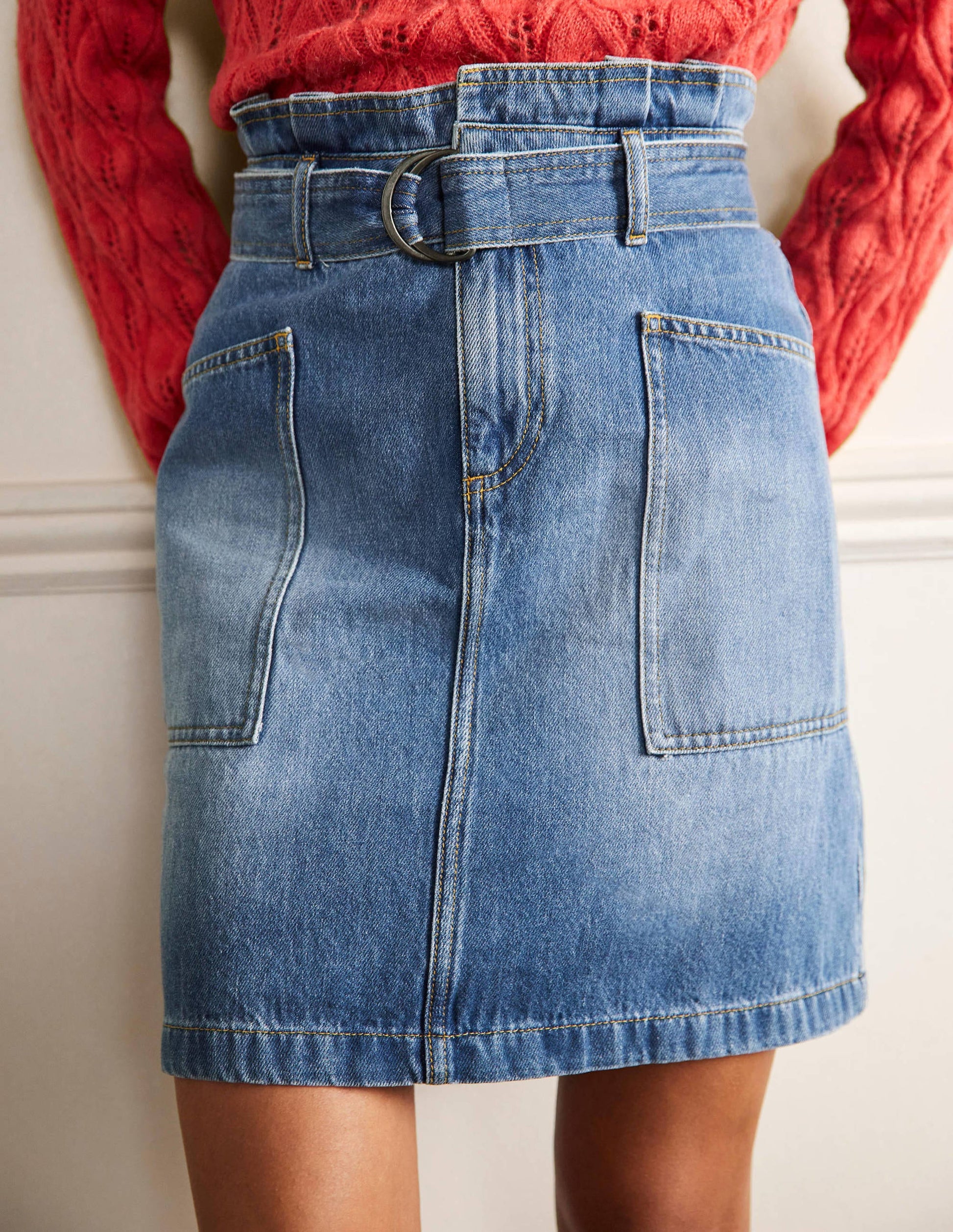 Paperbag-Rock mit Bindegürtel-Mittleres Vintageblau-4