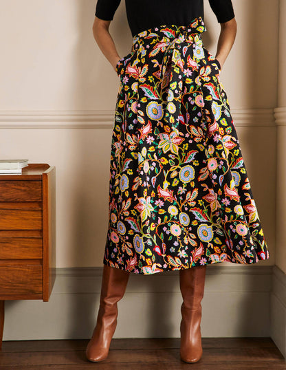 Tellerrock mit Taillenbund-Schwarz, Üppiges Paradiesmuster-4