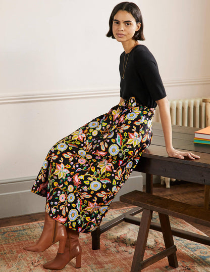 Tellerrock mit Taillenbund-Schwarz, Üppiges Paradiesmuster-5