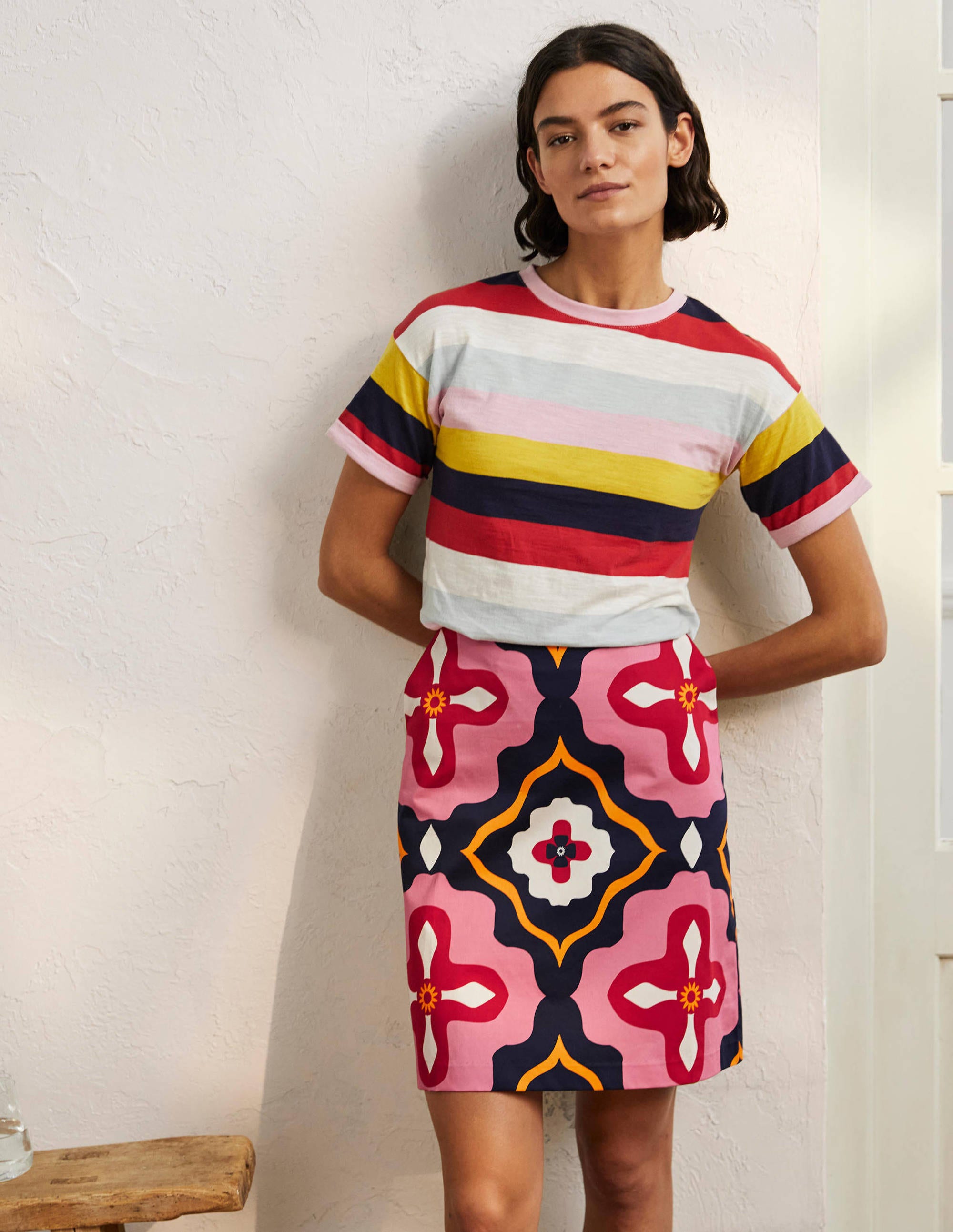 Printed A-line Mini Skirt-French Navy, Moroccan Diamond - Image 1
