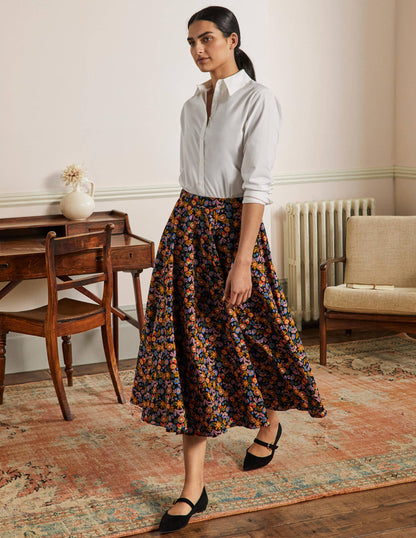 Jupe midi corolle en coton-Noir, motif Flora Bloom-1