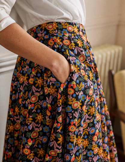 Jupe midi corolle en coton-Noir, motif Flora Bloom-2