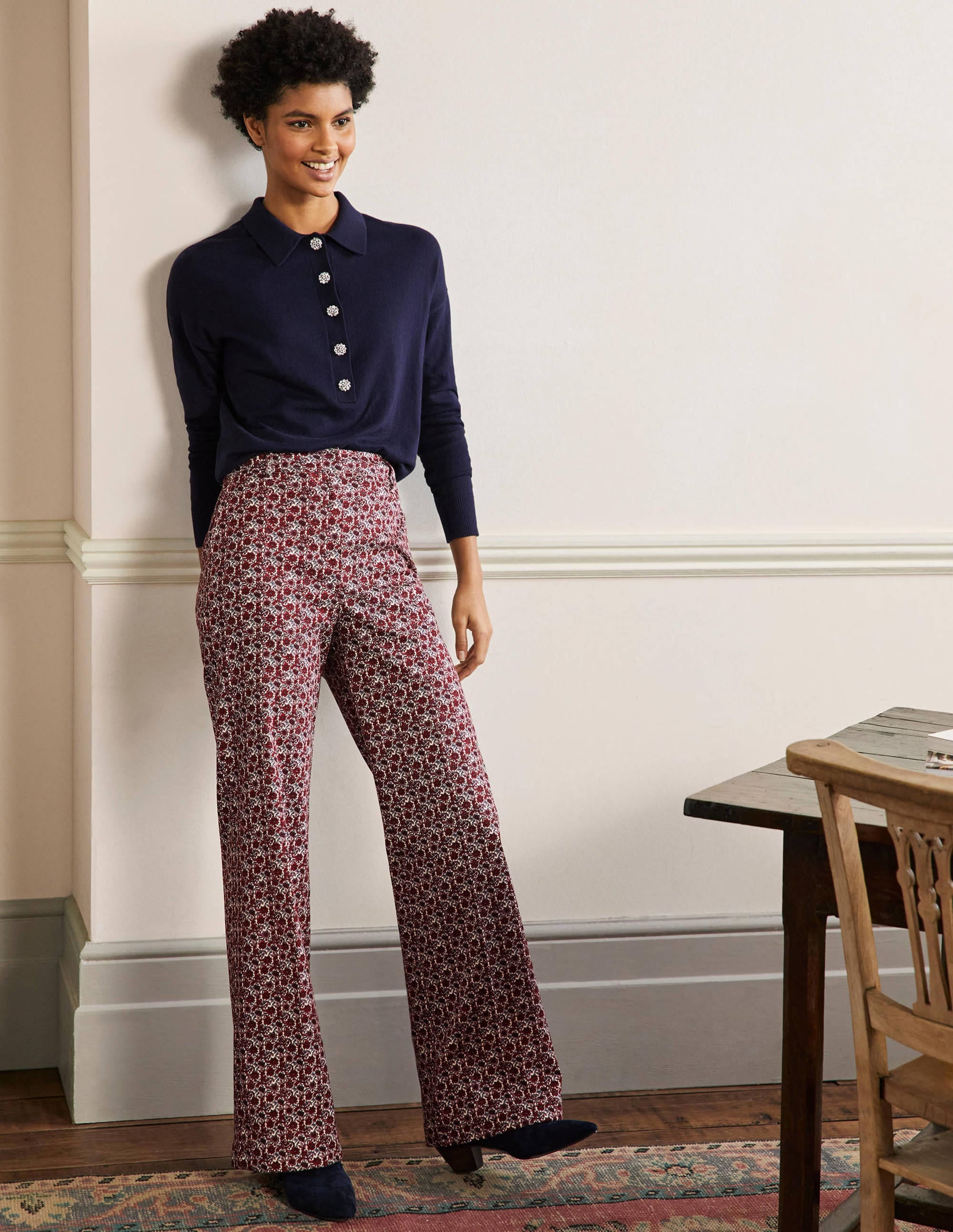 Printed Wideleg Trousers-Red/Dusty Blue Floret Bloom - Image 1