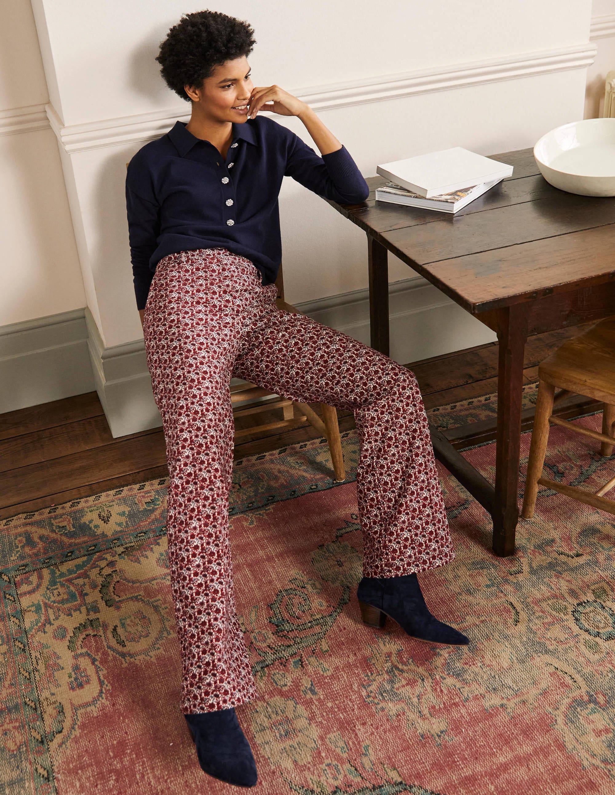 Printed Wideleg Trousers-Red/Dusty Blue Floret Bloom - Image 3