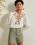 Short en jean avec braguette boutonnée-Vert laurier