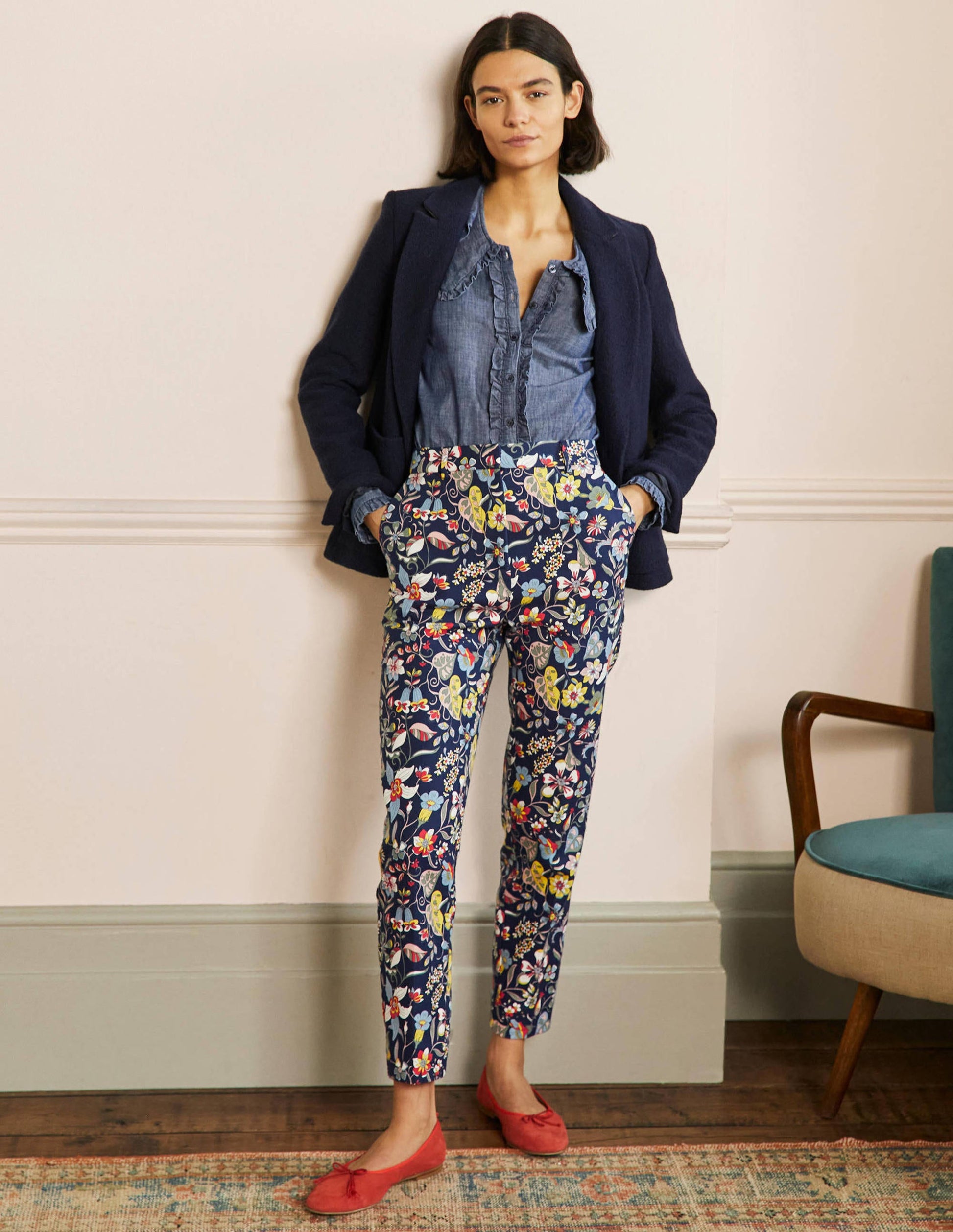 Carrie Gemusterte Hose-Französisches Navy, Tropisches Blumenmuster-1