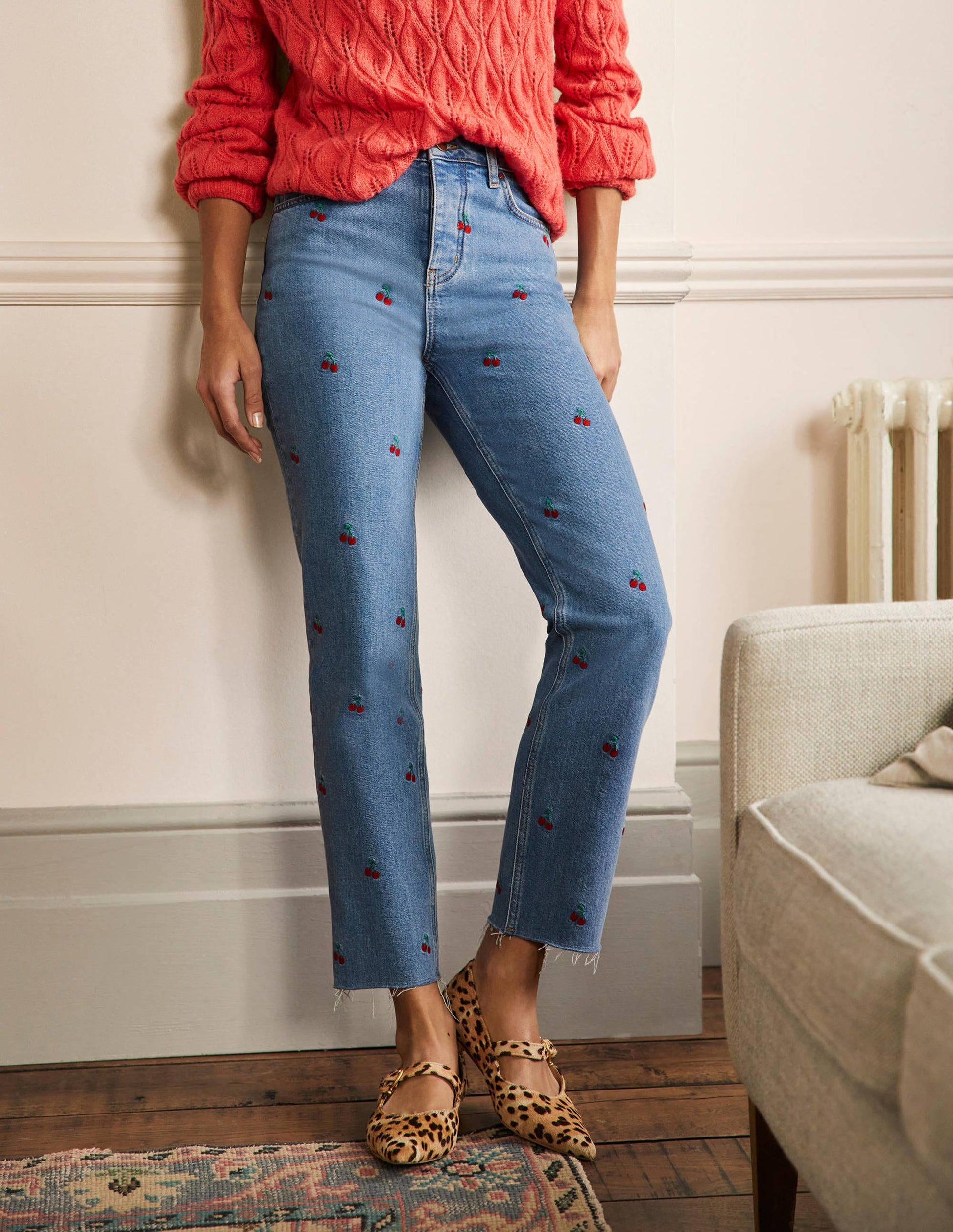 Lockere Jeans mit geradem Bein-Kirschenstickerei-4