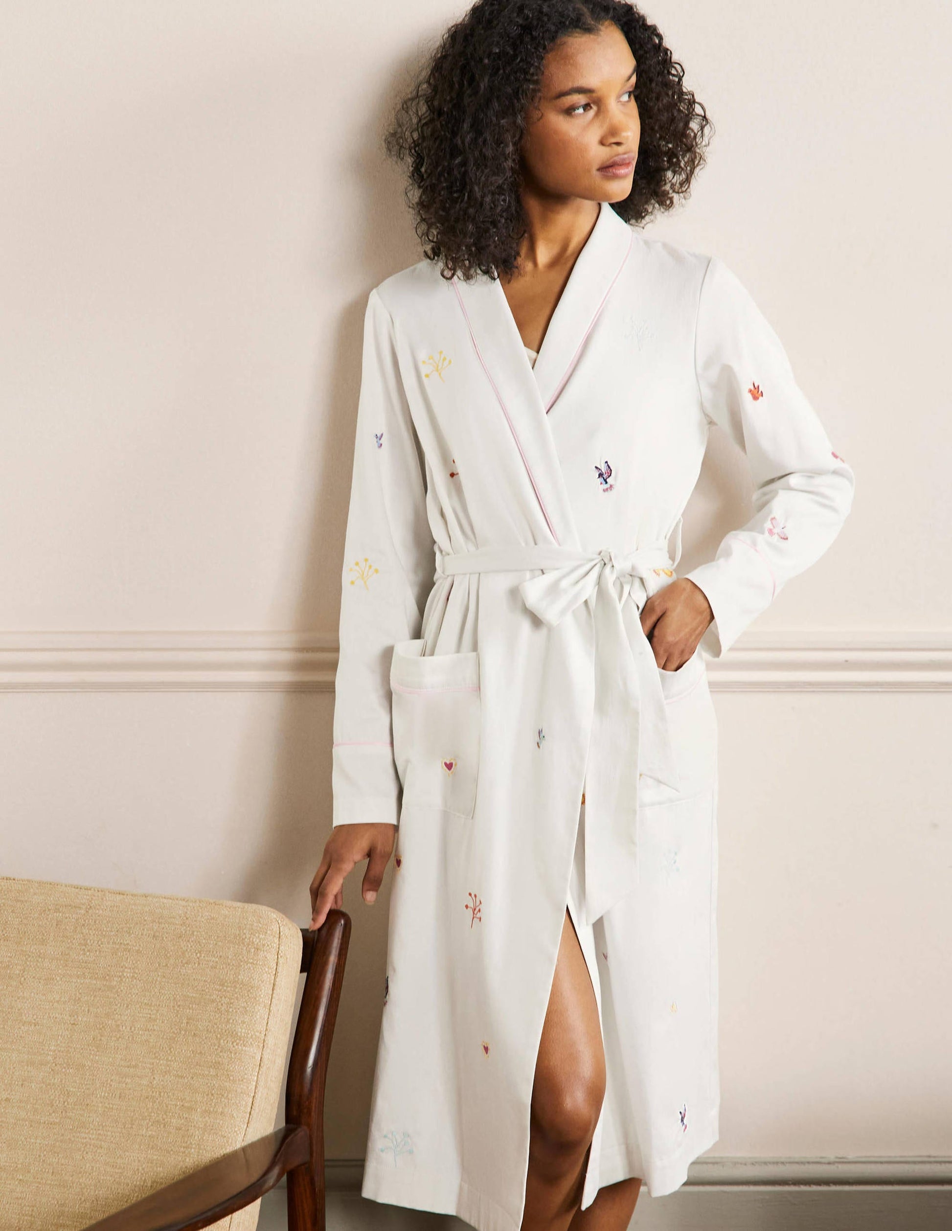 Cotton Dressing Gown-Ivory, Embroidery-1