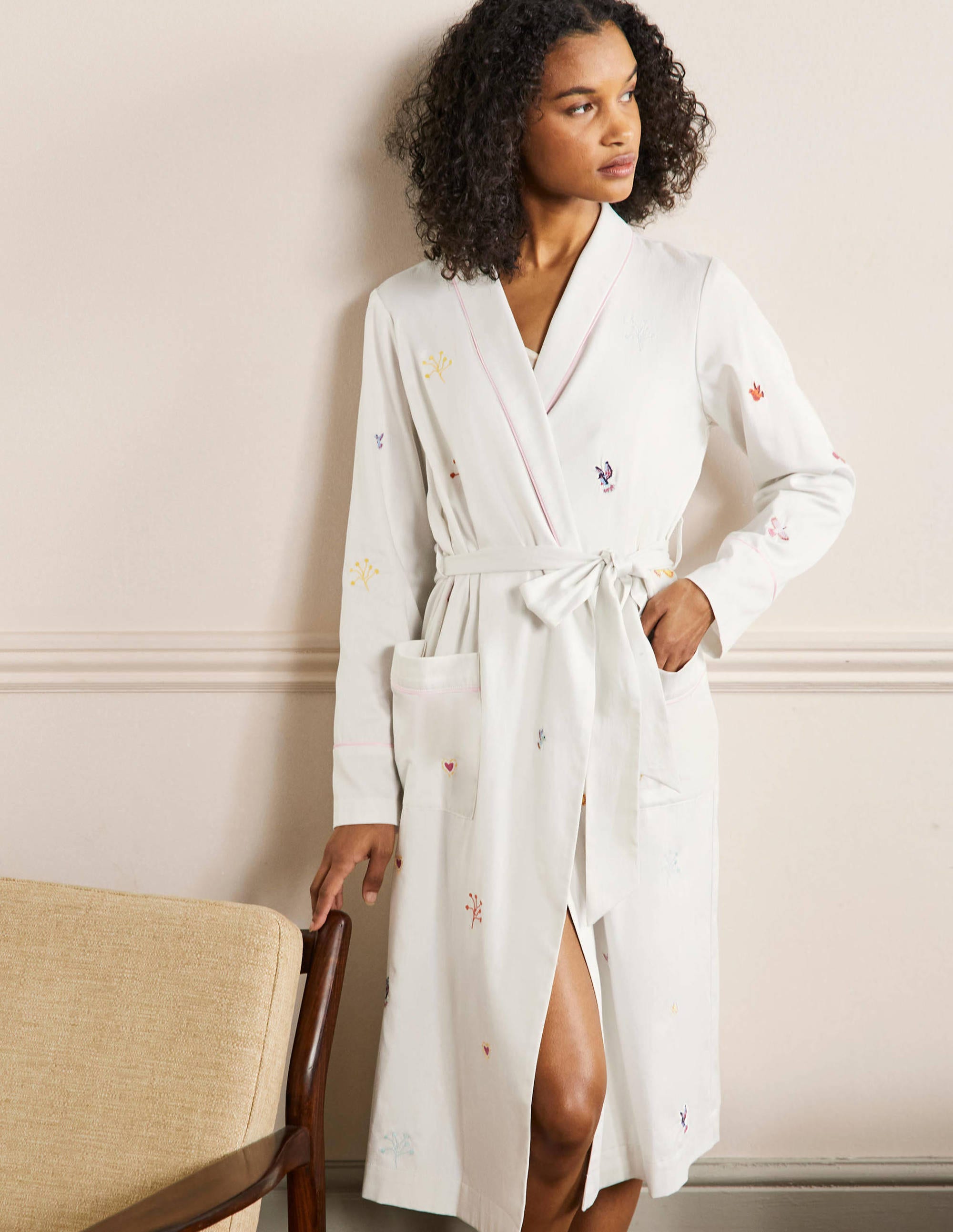Cotton Dressing Gown-Ivory, Embroidery - Image 1