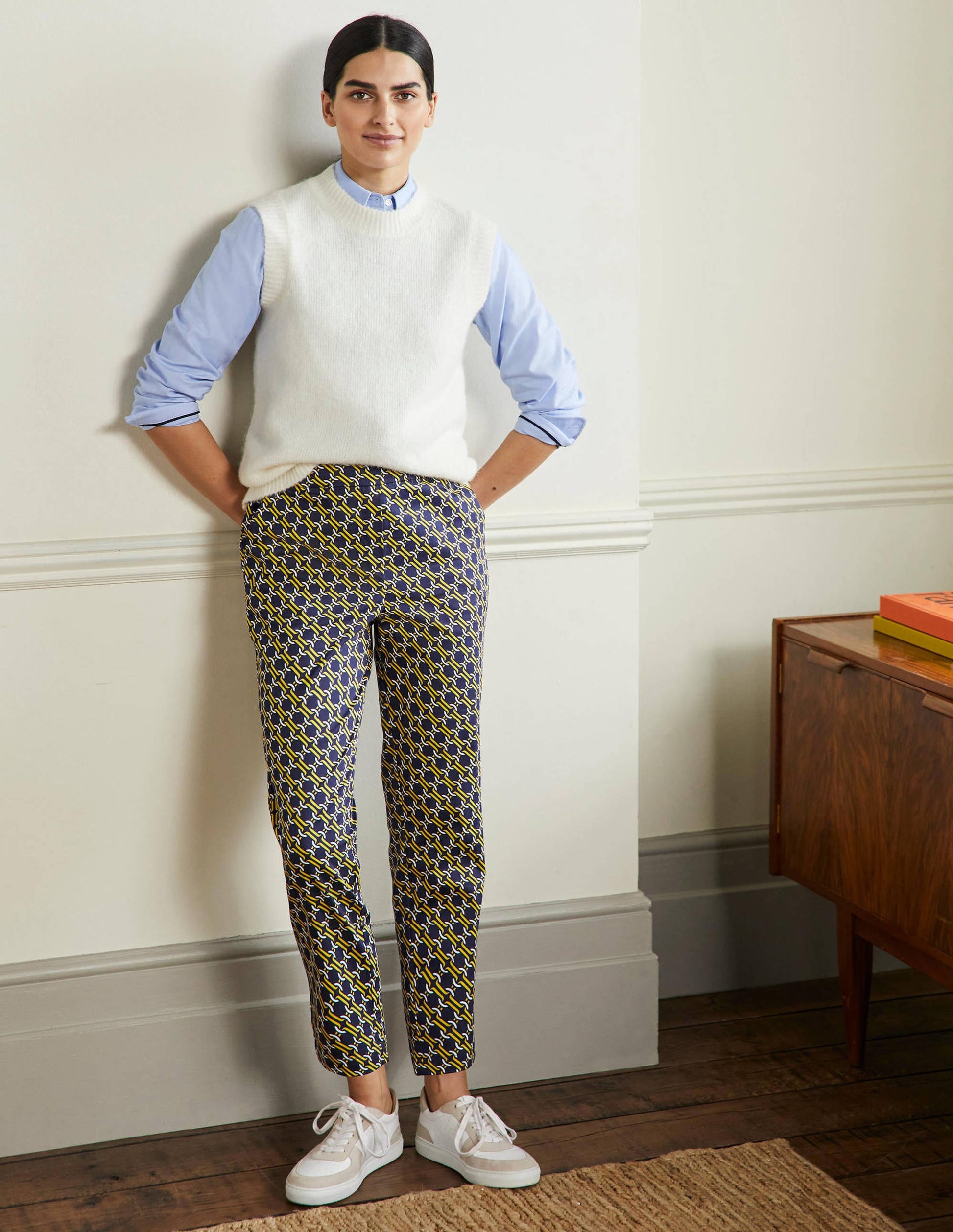 Pantalon à enfiler-Bleu marine, motif géométrique chaîne-1