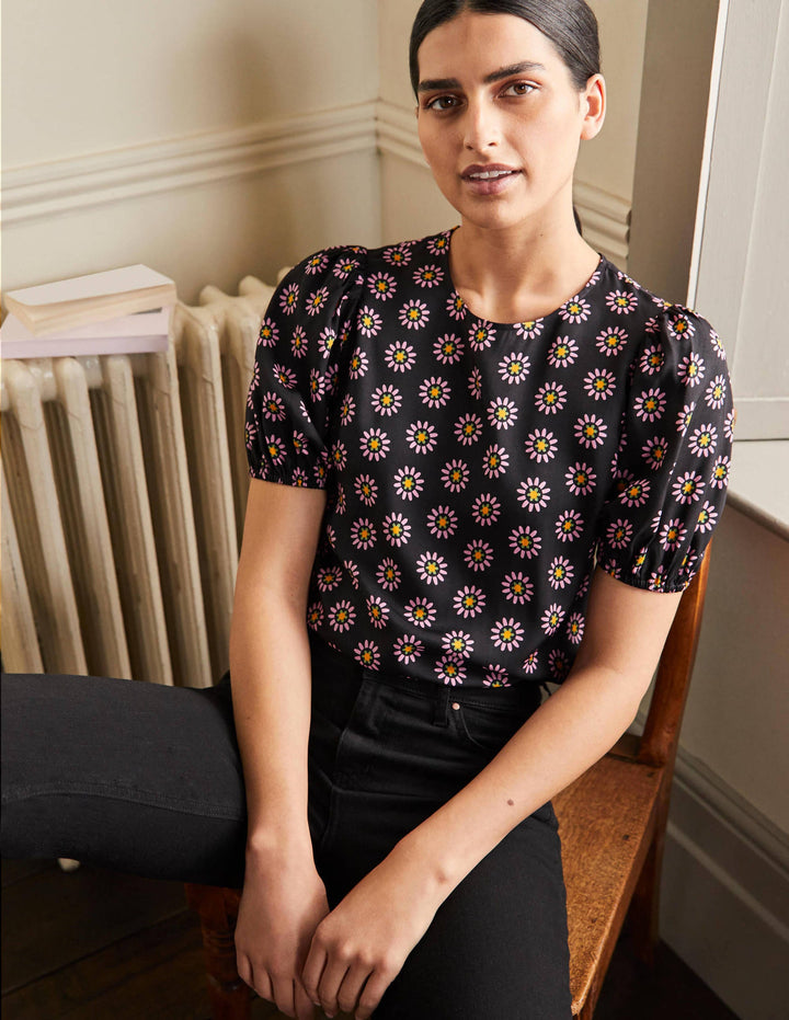 Adriana Oberteil mit Puffärmeln-Schwarz/Kirschblütenrosa, Gänseblümchen