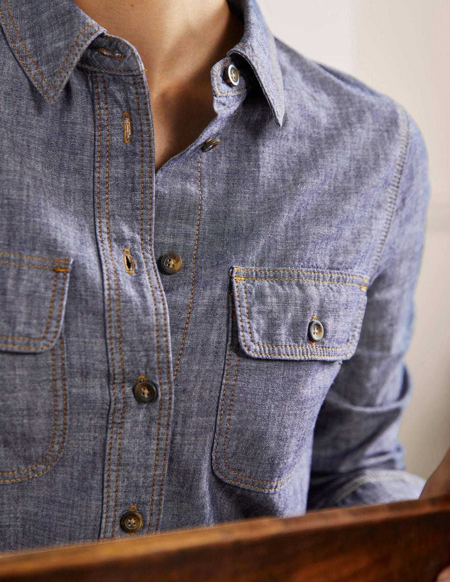 Chambray Cotton Pocket Shirt-Mid Vintage Denim