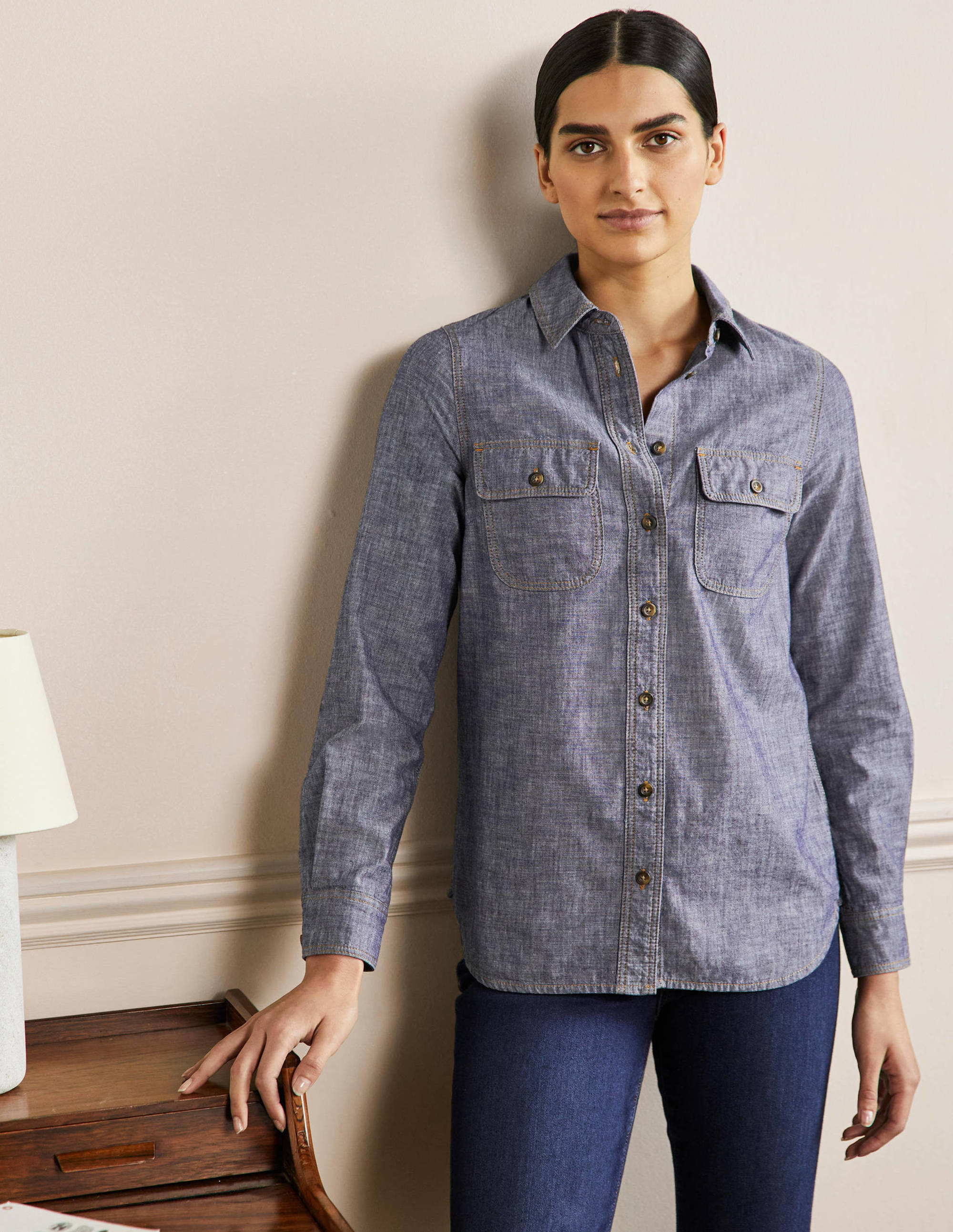 Chemise en chambray de coton avec poches-Denim vintage moyen - Image 4