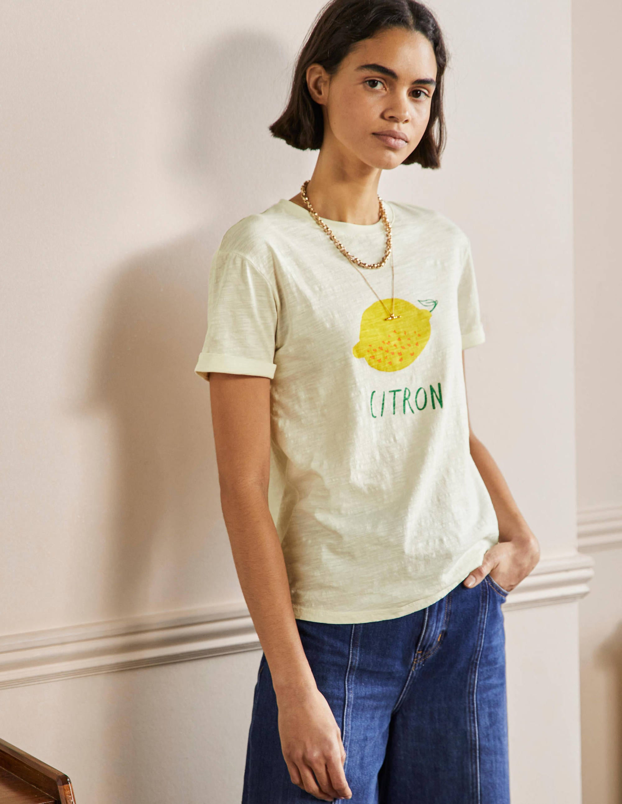 T-shirt avec revers aux manches-Ivoire, citron - Image 1