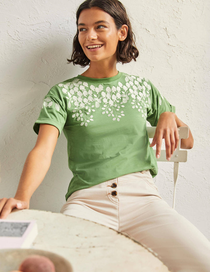 Turn Up Cuff Cotton T-shirt-English Ivy, Ivory Embroidered