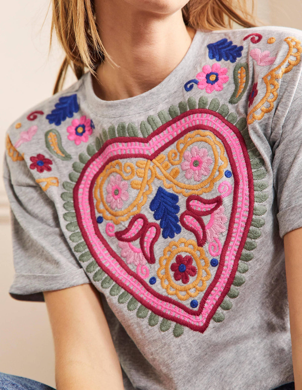 Turn Up Cuff Cotton T-shirt-Grey Marl, Heart Embroidery - Image 1