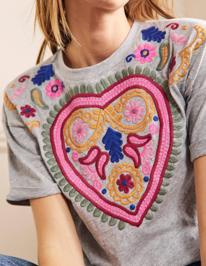 Turn Up Cuff Cotton T-shirt-Grey Marl, Heart Embroidery