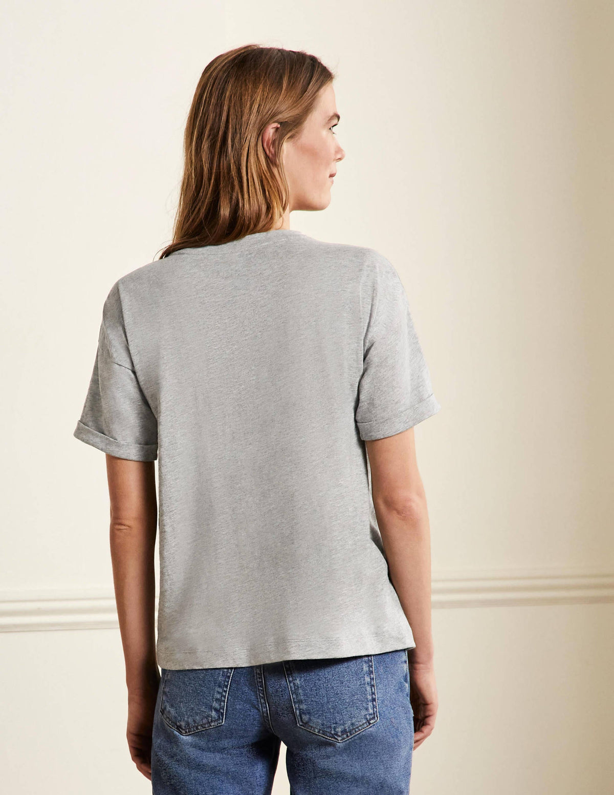 Turn Up Cuff Cotton T-shirt-Grey Marl, Heart Embroidery - Image 2