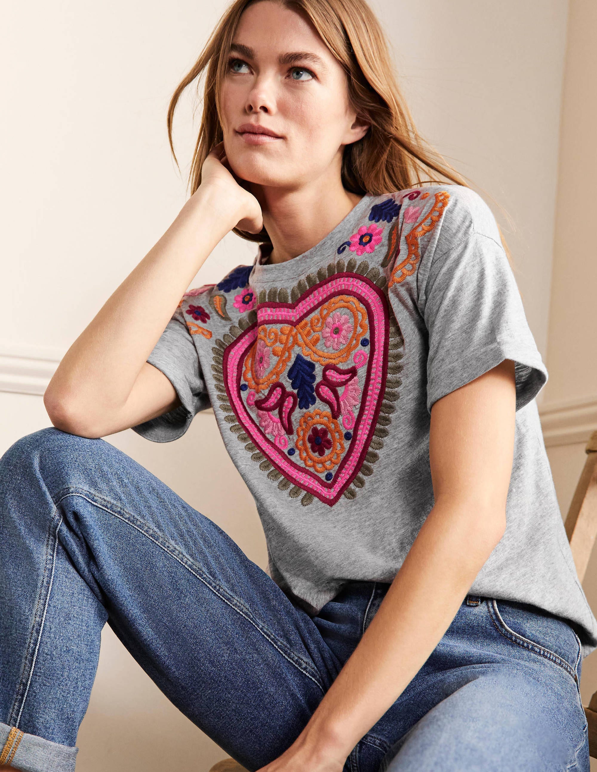 Turn Up Cuff Cotton T-shirt-Grey Marl, Heart Embroidery - Image 3