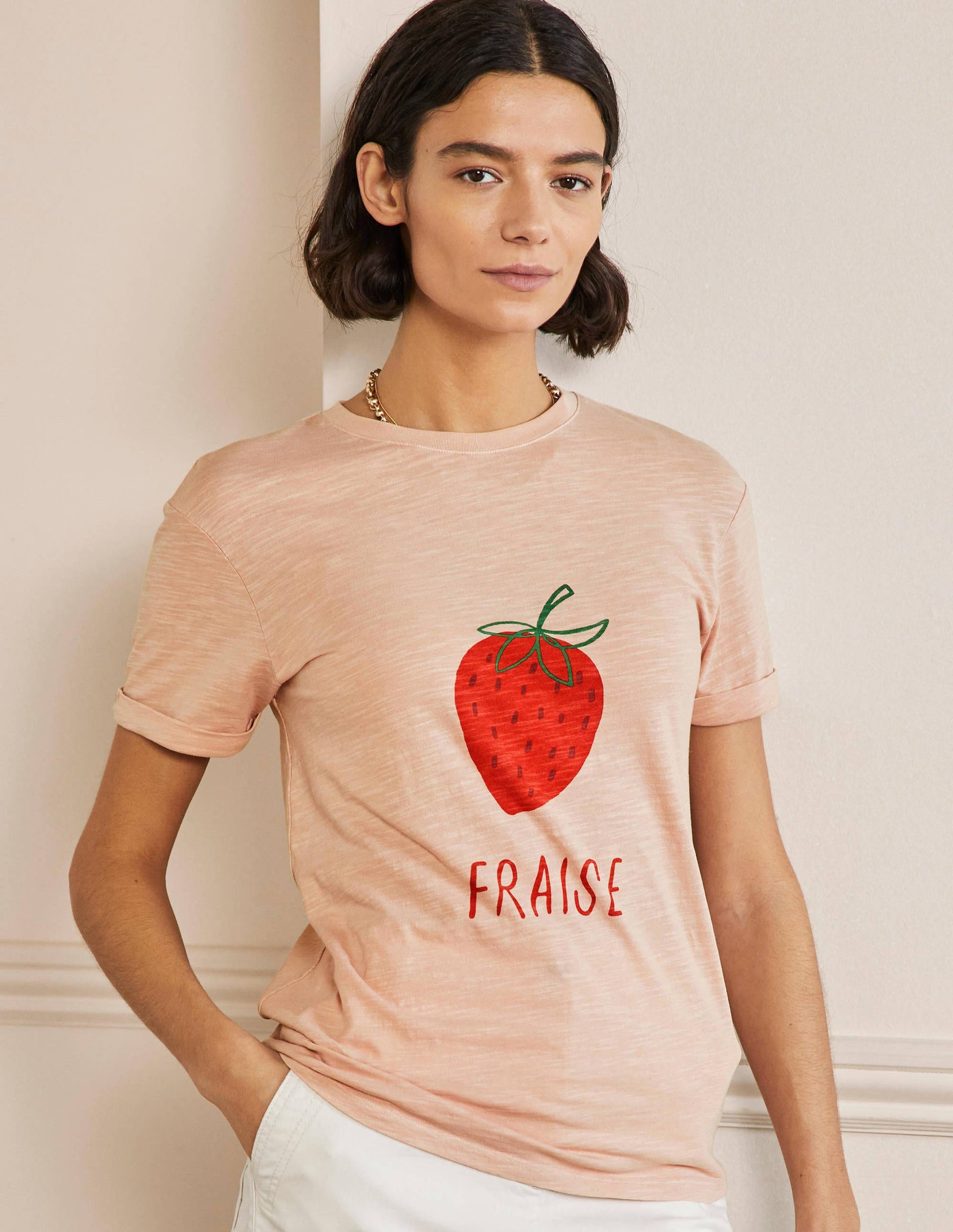 Turn Up Cuff Cotton T-shirt-Milkshake, Strawberry-1