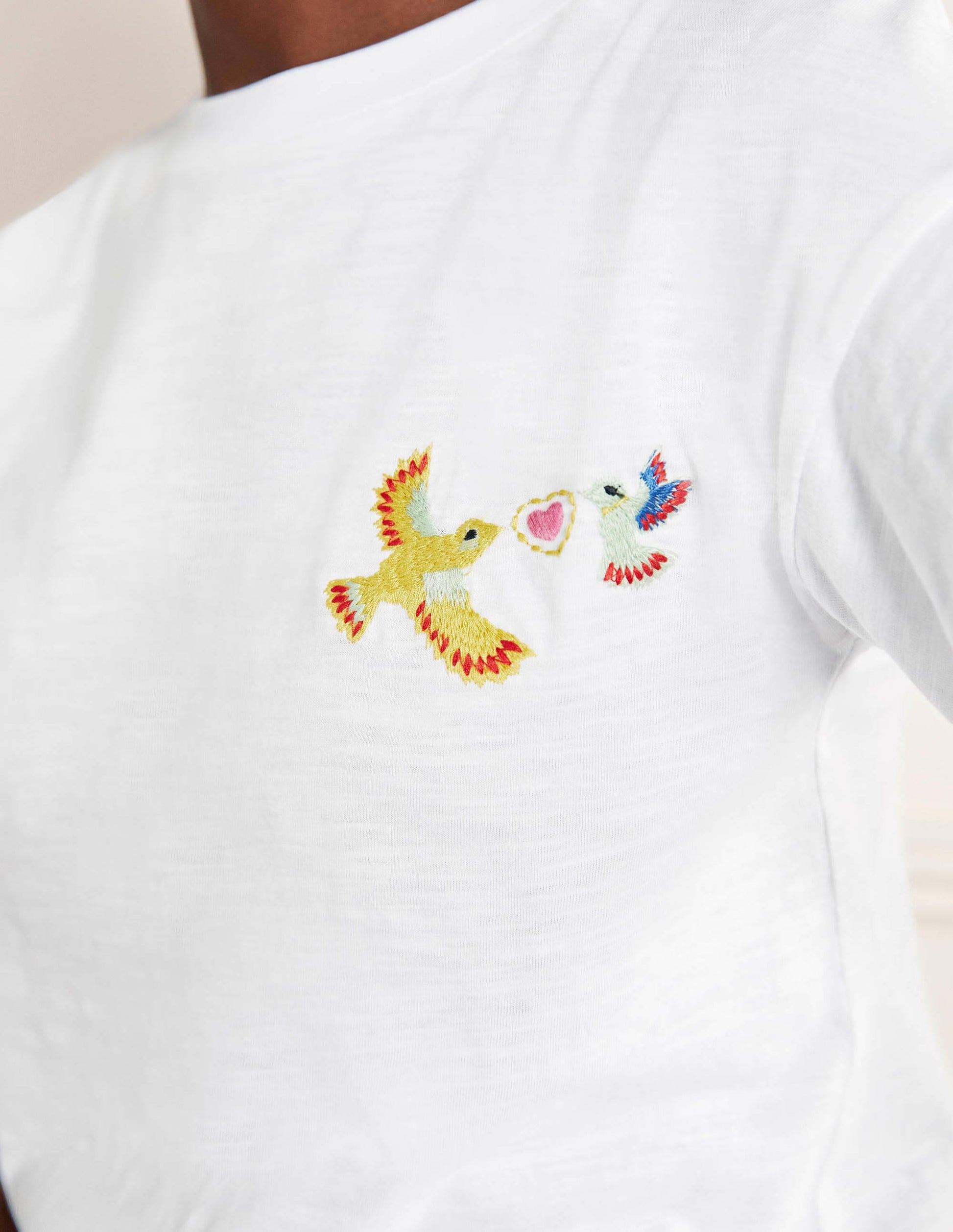 Turn Up Cuff Cotton T-shirt-Bird Embroidery-2