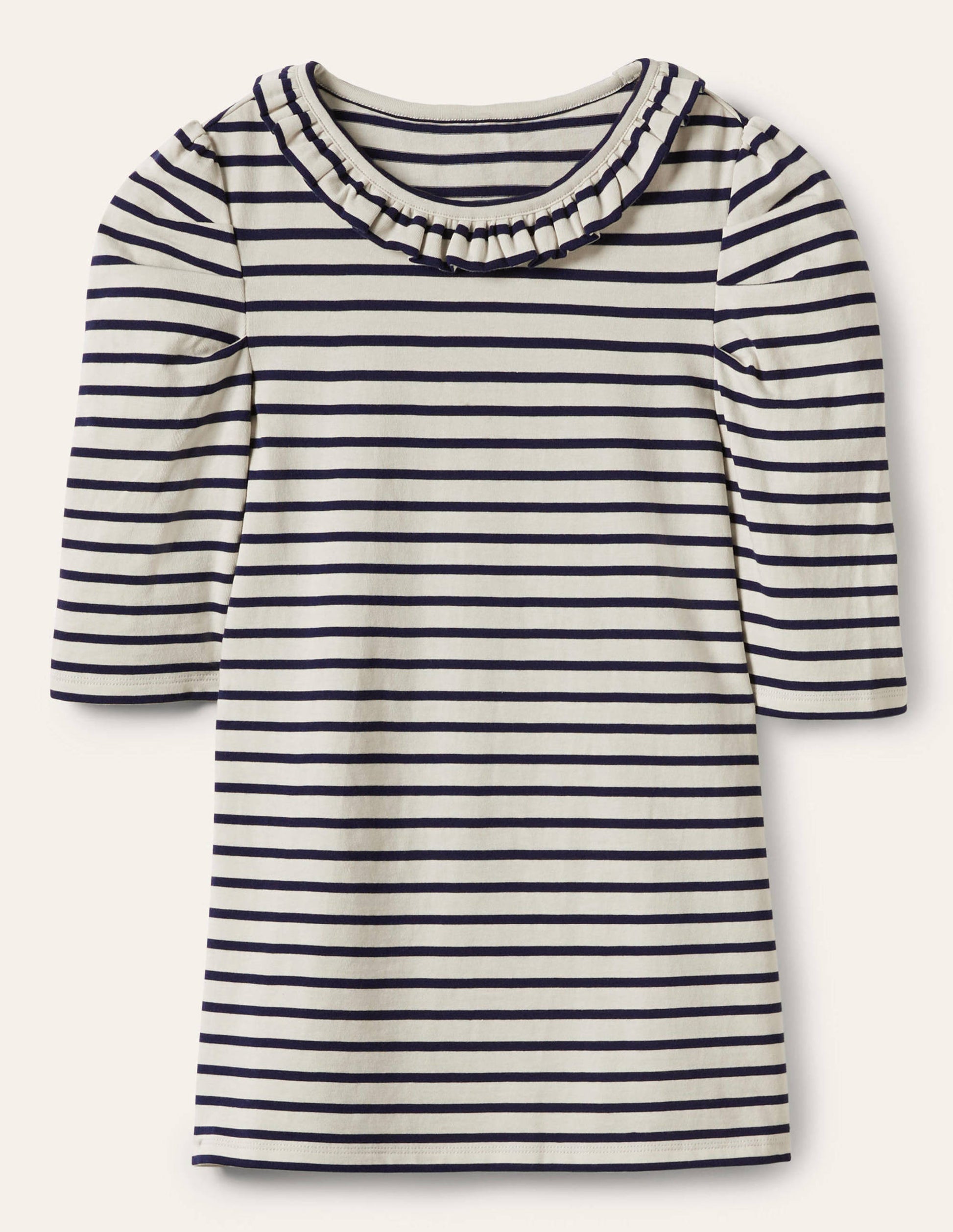 T-Shirt mit Puffärmeln und Rüschenausschnitt-Naturweiß/Navy, Gestreift-5